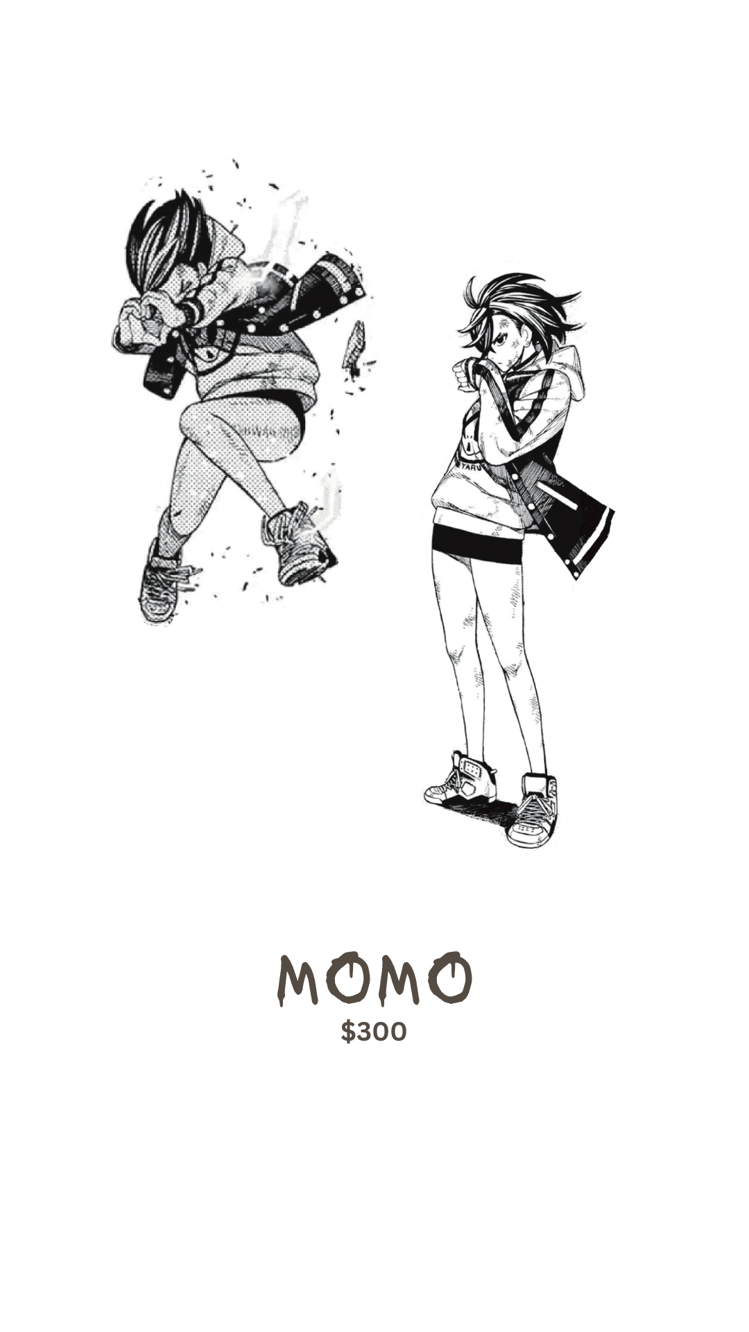Manga-style illustration of a character named Momo, priced at $300, featuring two poses: one dynamic with a punch and another standing casually.