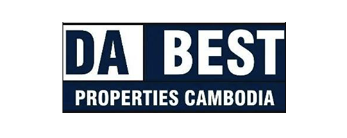 Logo for DA Best Properties Cambodia, featuring bold white and dark blue text on a black background.