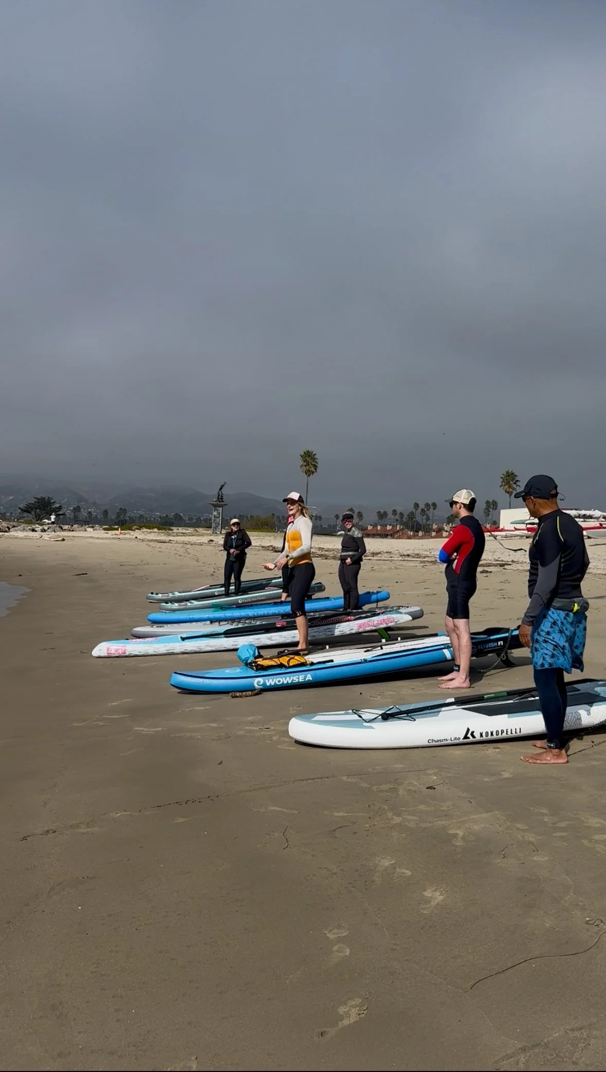 A group of people standing on paddleboards on a beach, preparing for paddleboarding, under a cloudy sky.