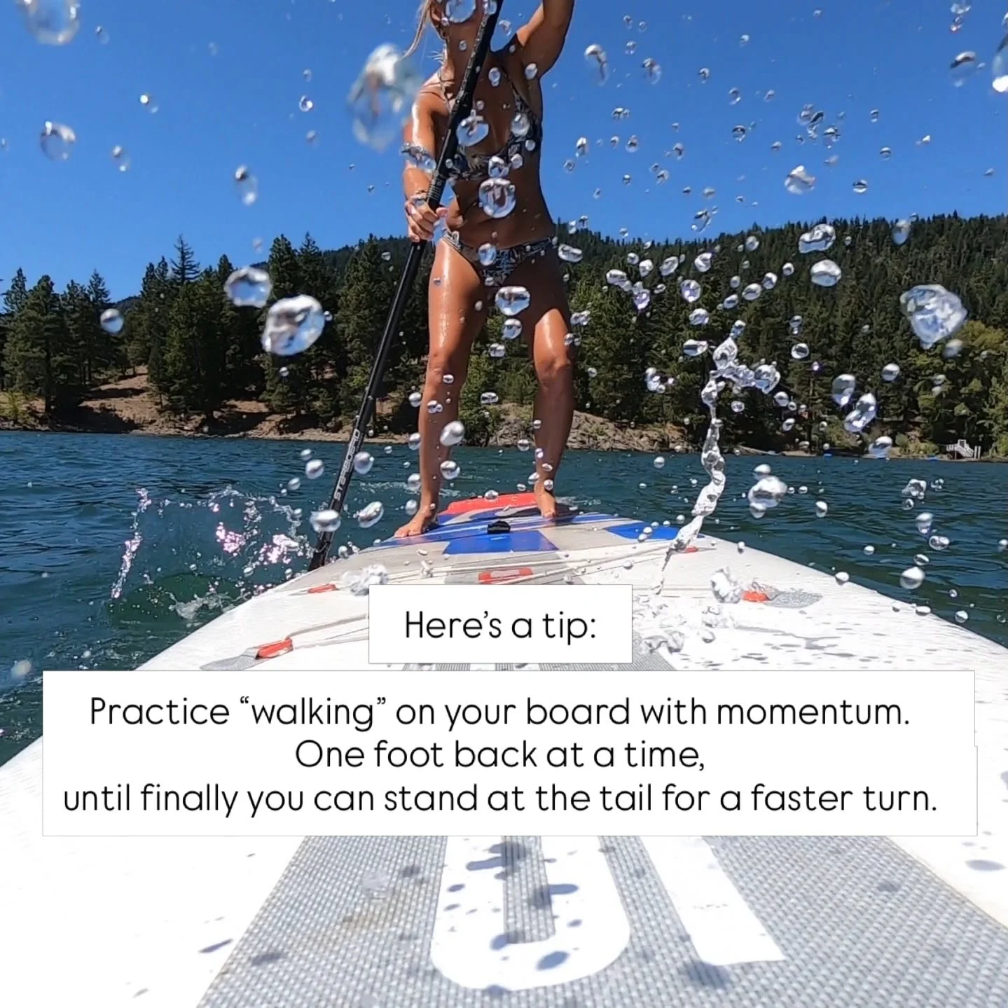 Getting comfortable moving your feet on your board will help you gain confidence in turbulent weather. With the blade fully in the water practice taking some steps forward and back and notice the difference! 
 
Want to gain the most confidence and to