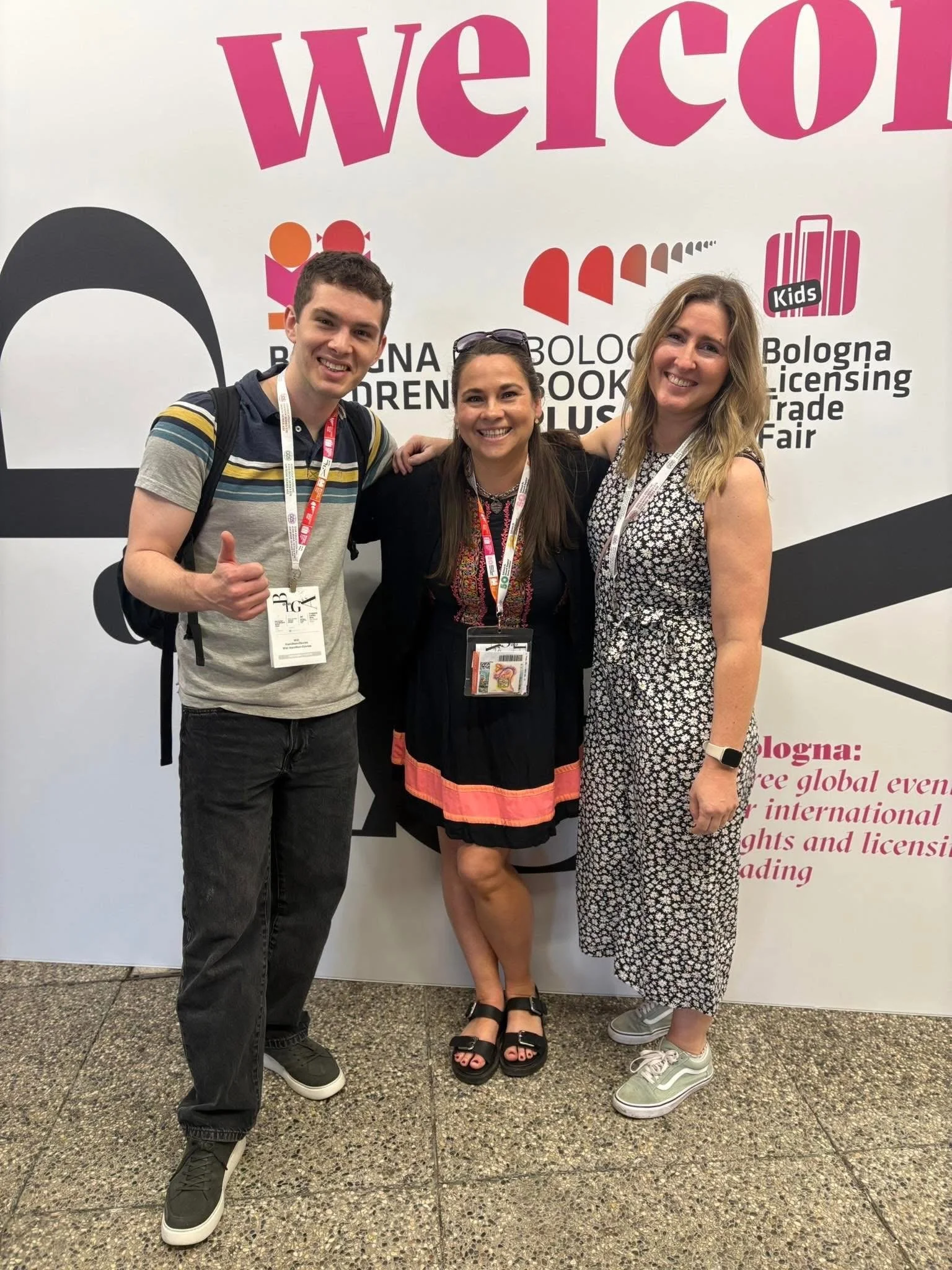 Children's Author and Illustrator Emma Clarke at Bologna, alongside Clare Helen Welsh and William Hamilton-Davies.