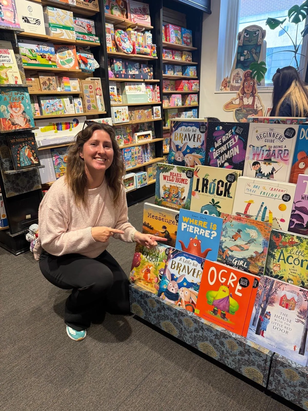 Children's Author and Illustrator Emma Clarke find Pierre in Waterstones, Leeds.