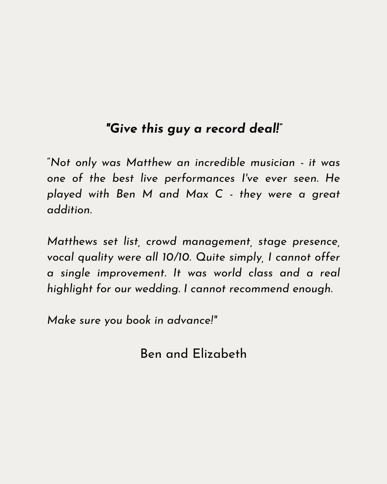 Another lovely review from Ben and Elizabeth ☺️

If you&rsquo;re planning your dream wedding please get in touch today for a free no obligation quote 🎶 

#acousticweddingsinger #singingguitarist #ukweddingsinger #weddingmusic #weddingmusicians #wedd