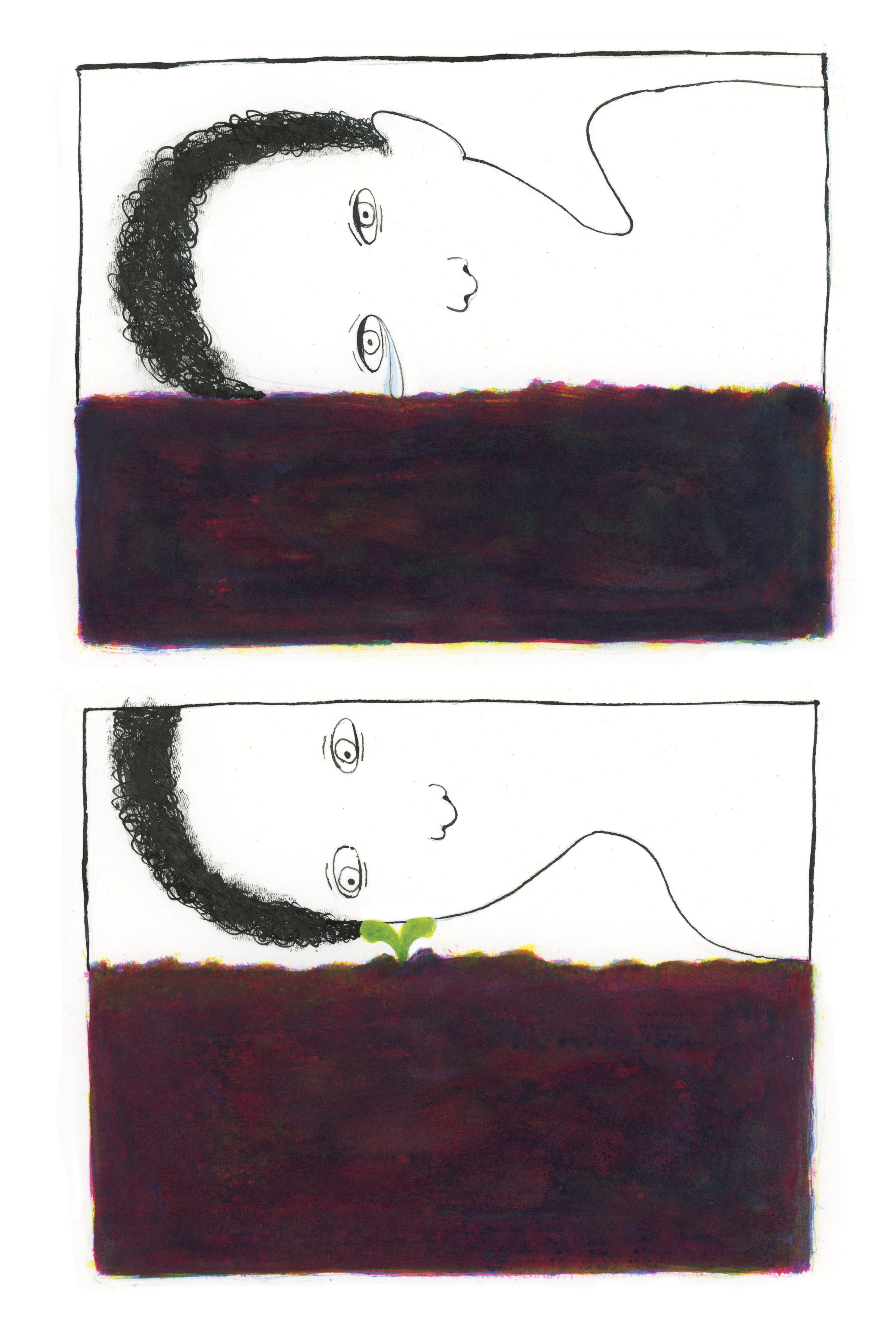 Vrij werk bij gedicht 'Precies goed,' Babs Gons - 3 kleuren inkt 