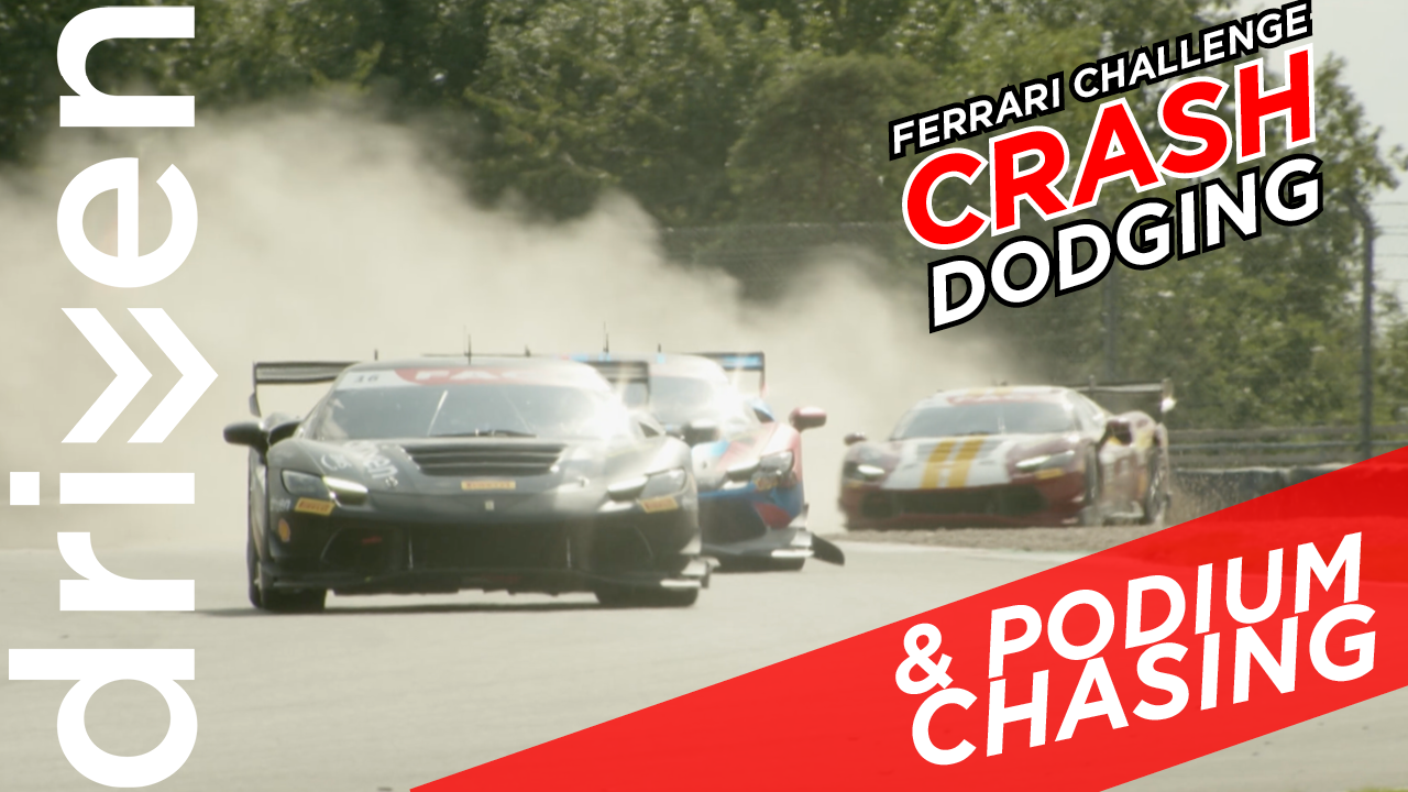 Race cars participating in a Nürburgring track racing event, with dust clouds behind them. The image features branding for 'Drive' magazine and highlights the Ferrari Challenge, crash dodging, and podium chasing.