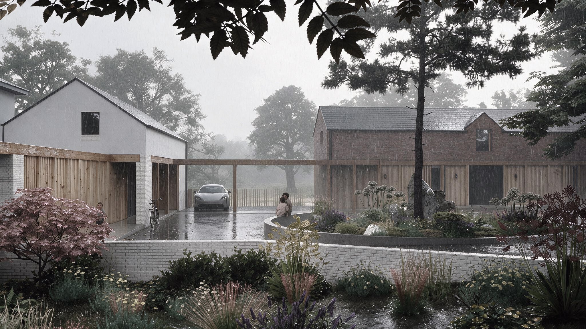 Rainy day in a residential neighborhood with modern houses, trees, a car, a bicycle, and two people sitting in the rain amidst a lush garden.