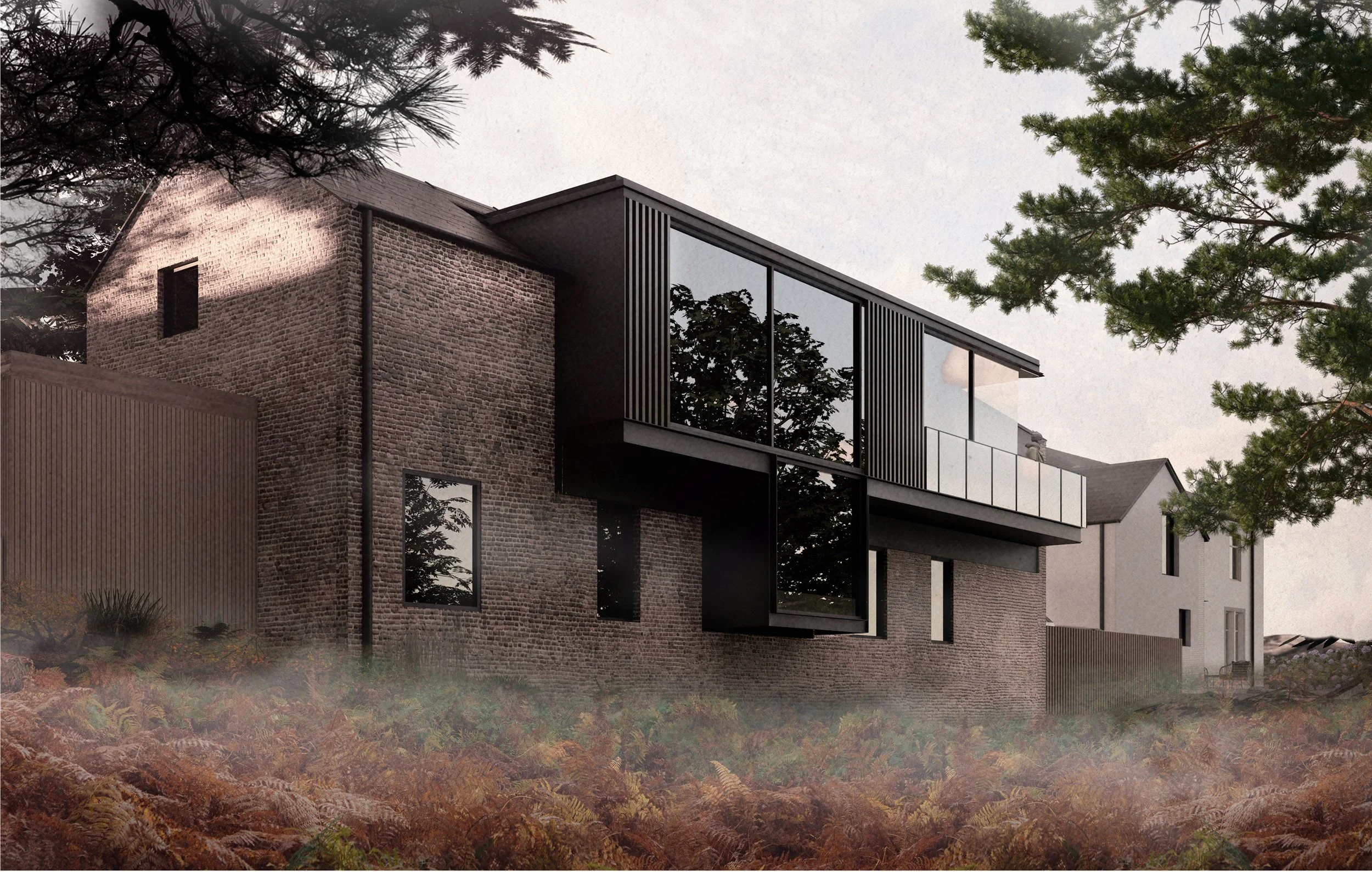 Modern residential building with brick and glass exterior, surrounded by trees and foliage.