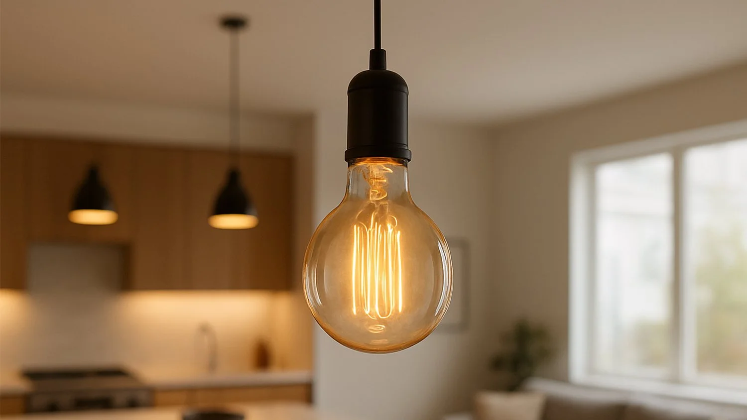 A vintage Edison light bulb glowing warmly inside a modern, well-designed home interior, symbolizing creativity and ideas.