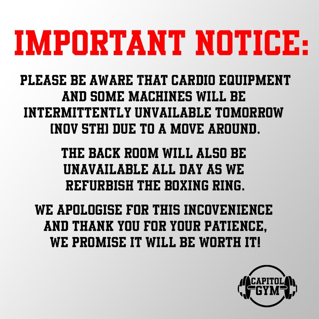 Exciting news! Tomorrow November 5th we will be having a big shuffle around of our equipment making room for some much needed space. We will also be fully refurbishing the boxing ring!

Unfortunately this will mean that the back (boxing) room will be