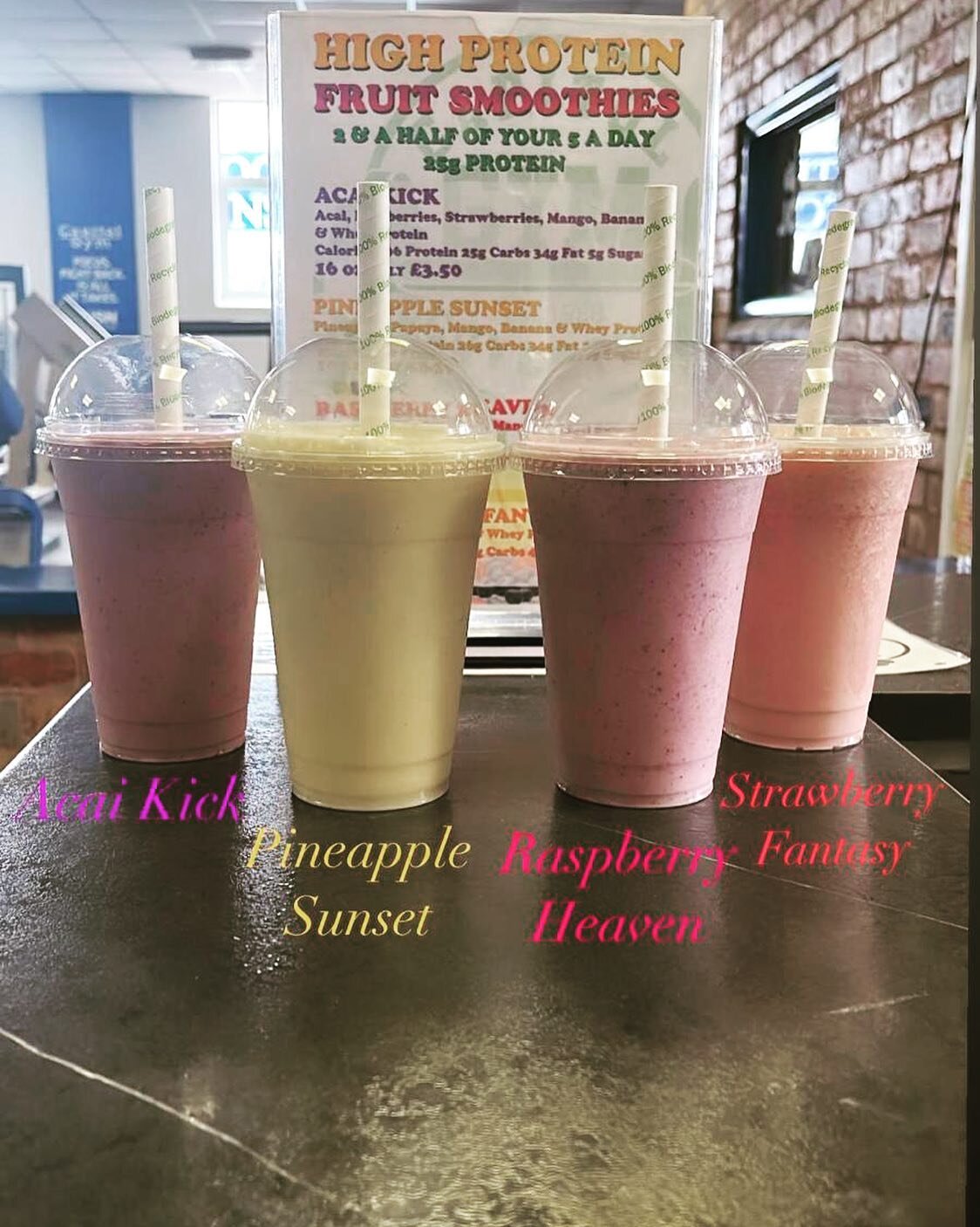 Why not squeeze 2 of your 5 a day in with your post workout shake? Refreshing and ice cold, our real fruit smoothies also include 25 grams of protein and only cost &pound;3.50! Served in handy takeaway cups for you to enjoy at your leisure. Just ask 