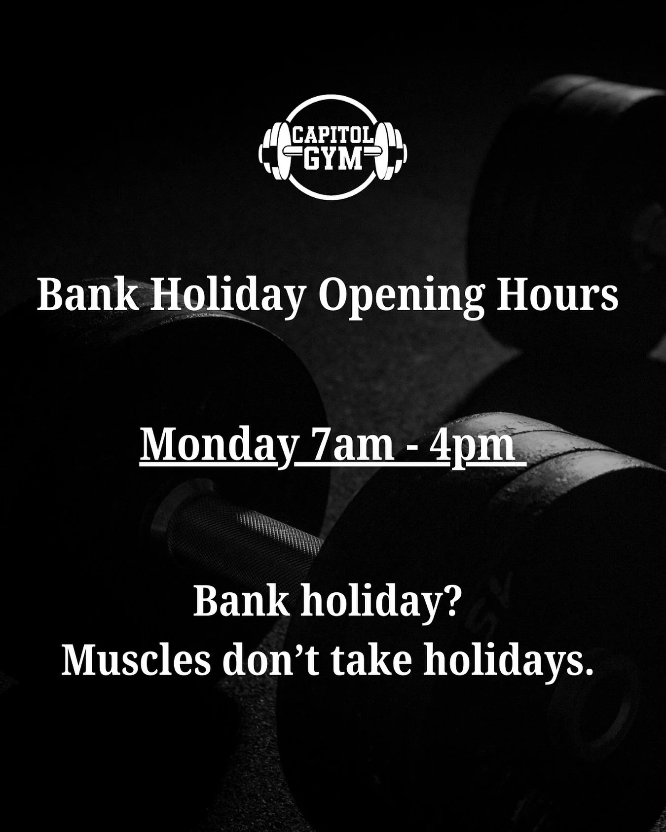 Bank holiday? Muscles don&rsquo;t take holidays. 🏋🏾&zwj;♀️ While everyone else is hitting snooze or spending the day on the sofa, this is your chance to pull ahead. 

Progress isn&rsquo;t made by doing what everyone else is doing, it&rsquo;s made b