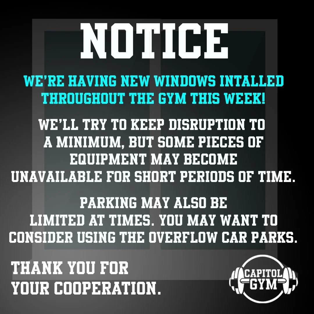 🪟We're having new windows installed throughout the gym this week! 🪟

We'll try to keep disruption to a minimum, but some pieces of equipment may become unavailable for short periods of time.

Parking may also be limited at times. You may want to co