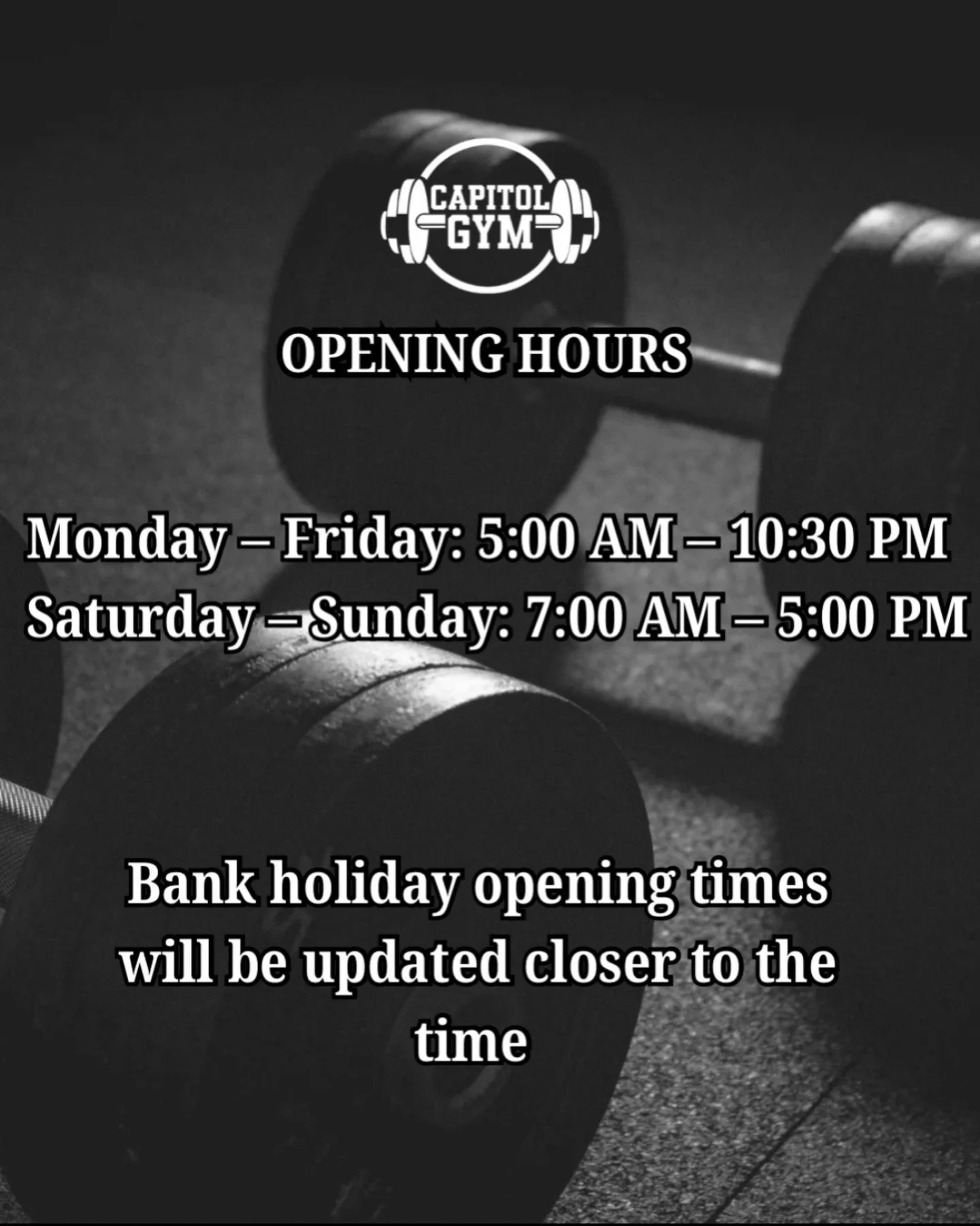 OPENING HOURS 🕒

We&rsquo;re open early and closing late so you can train around your schedule 🙌🏾

Monday &ndash; Friday: 5:00 AM &ndash; 10:30 PM
Saturday &ndash; Sunday: 7:00 AM &ndash; 5:00 PM

Whether you&rsquo;re a 5am grinder or a late-night