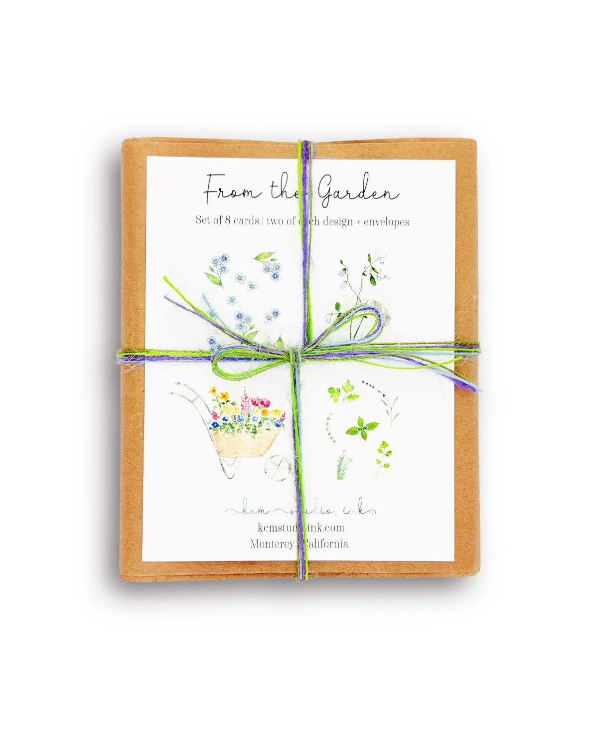 NEW: From the Garden Gift Set of 8 watercolor cards + envelopes. This set features 2 of each design: Forget Me Knot with blue envelopes, Sweet Peas with lavender envelopes, Flowers from the Garden with green envelopes and Culinary Herbs with kraft en