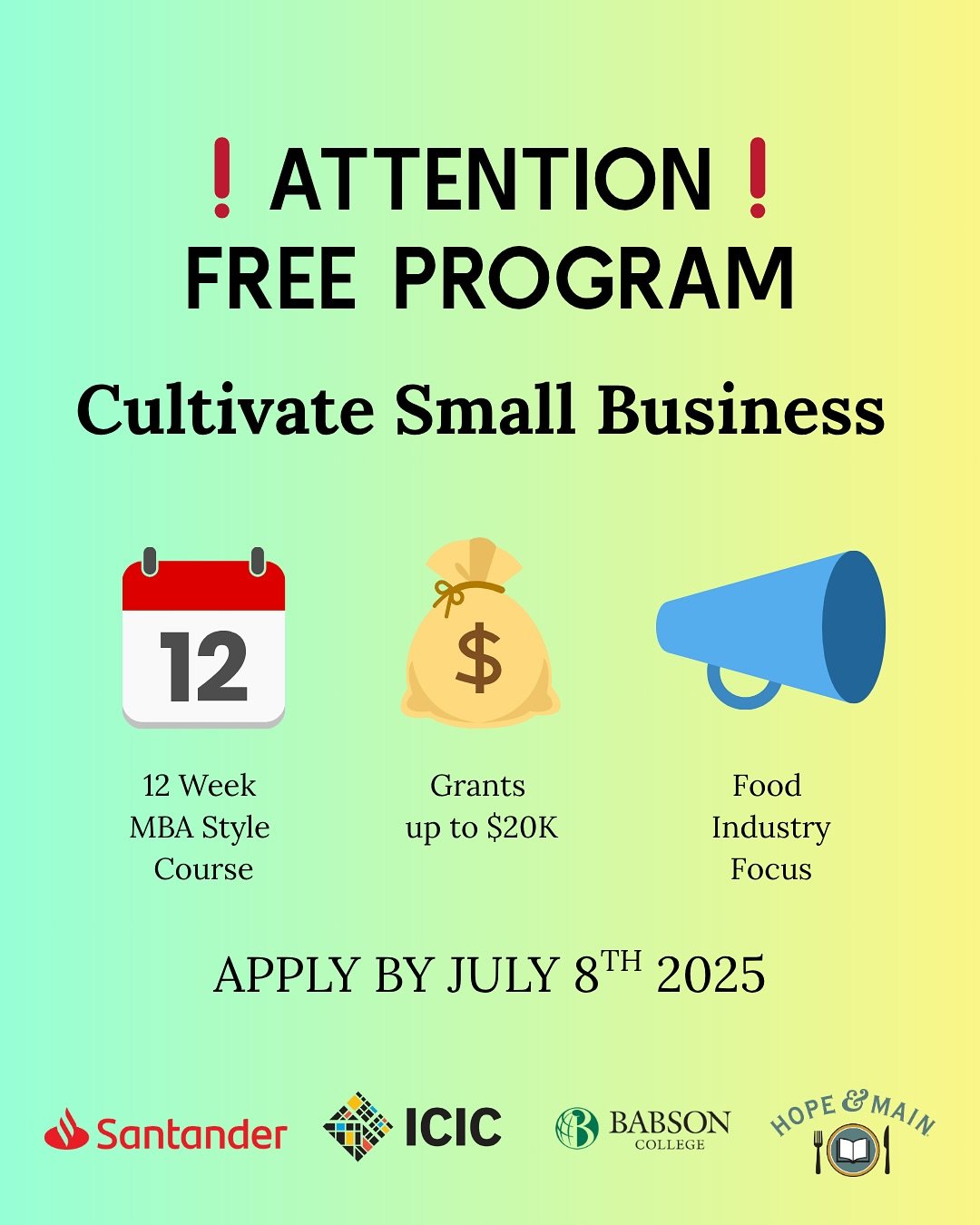 🏆 Attention Small Food Business Owners! 🏆

Santander&rsquo;s award-winning Cultivate Small Business helps early-stage entrepreneurs build and sustain businesses in the food industry, with a focus on historically underserved founders in low-to-moder