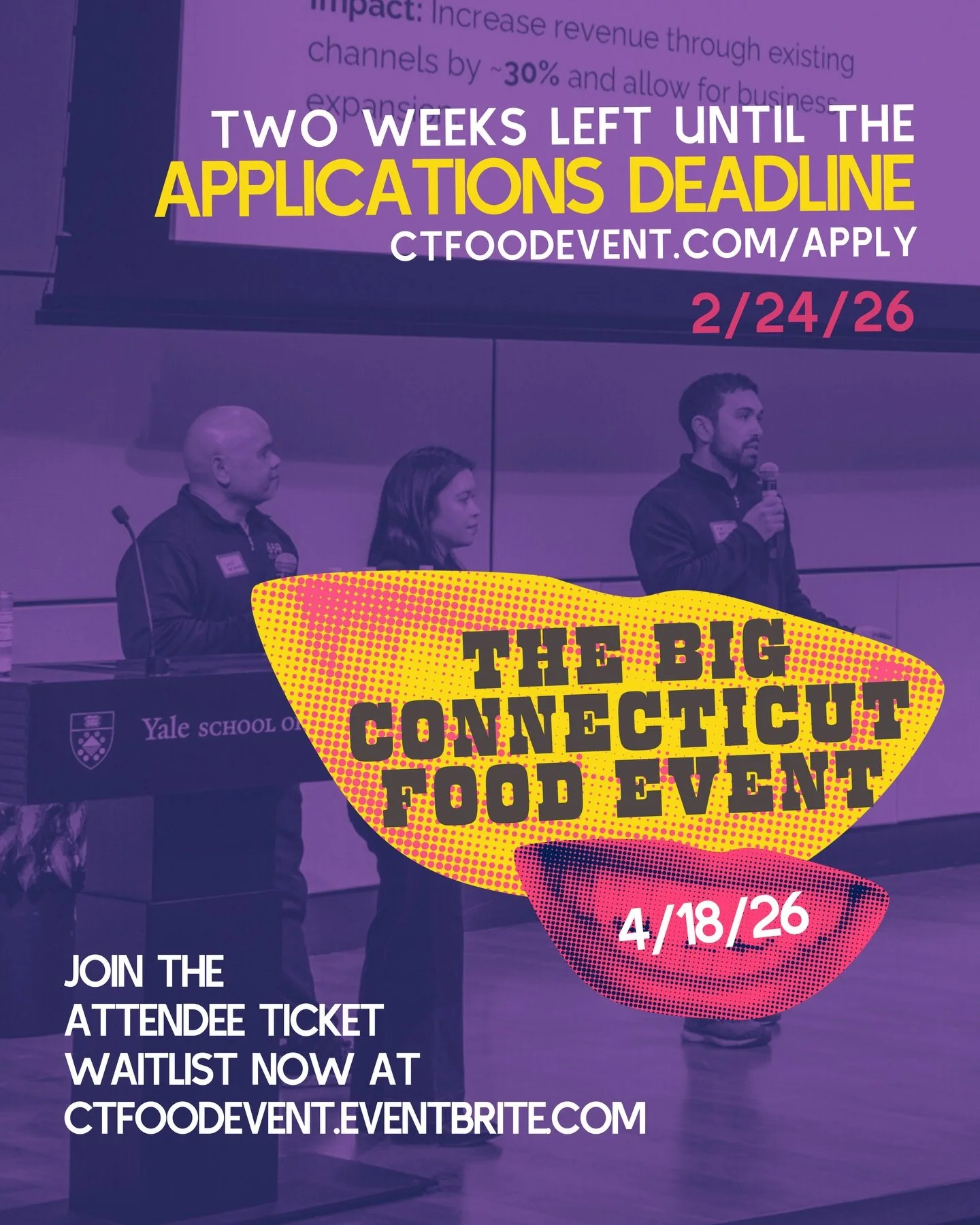 ⏳ Only 2 Weeks Left to Apply!

The clock is ticking for the Big Connecticut Food Event 2026. If you want to take your brand to the next level or support the CT food ecosystem, now is the time to act.

APPLY HERE: ctfoodevent.com/apply

🚨 Key Deadlin