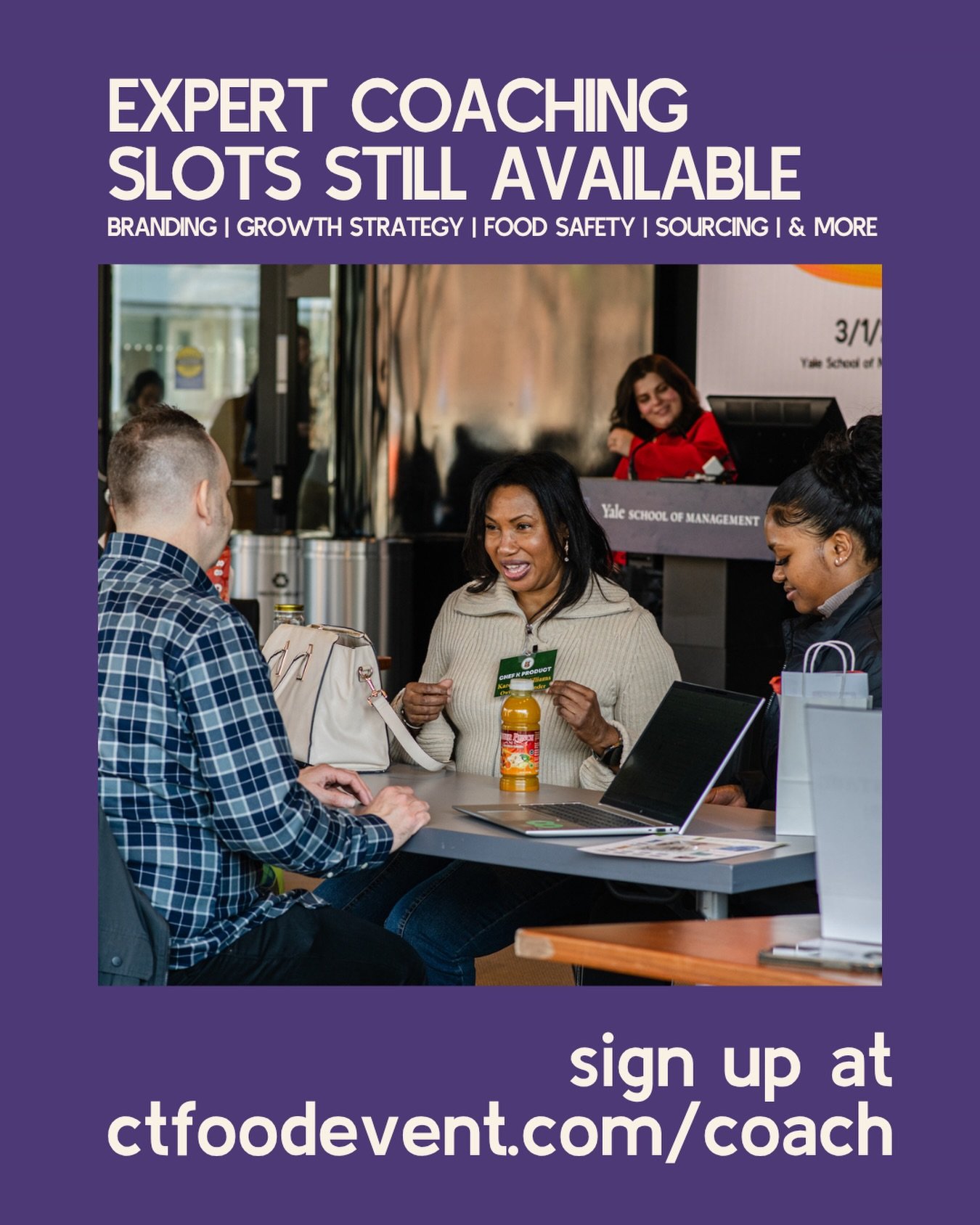 Where ideas meet guidance 🤝
Connect with industry experts, sharpen your pitch, and take your business to the next level.
 
 Available to all tabling businesses and attendees ! 
 
Sign up for expert coaching &rarr; ctfoodevent.com/coach