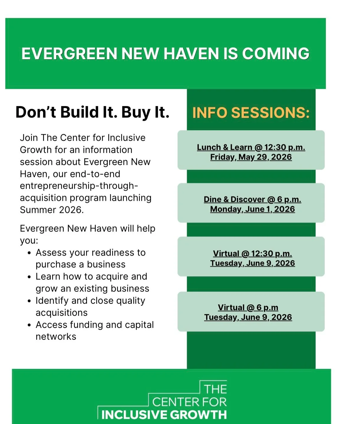 Ever thought about owning a business, but not necessarily starting one from scratch?

Our friends at The Center for Inclusive Growth  @inclusivegrowthnhv are launching Evergreen New Haven, an entrepreneurship-through-acquisition program designed to h