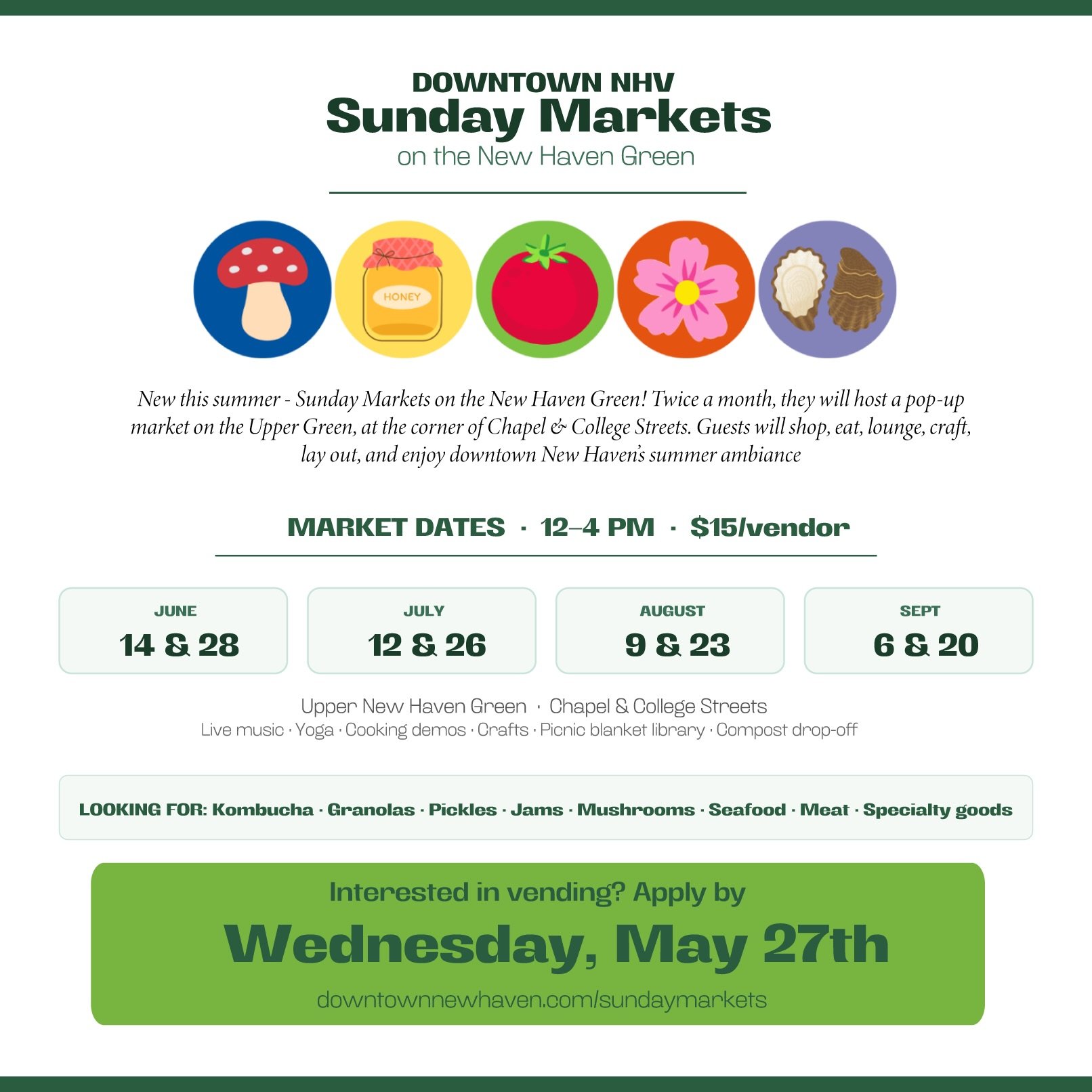 🌿 Attention CT food makers! 

Downtown New Haven is launching a brand new Sunday Market series on the New Haven Green this summer, and they&rsquo;re looking for YOU.

Twice a month from June through September, the Upper Green comes alive with local 