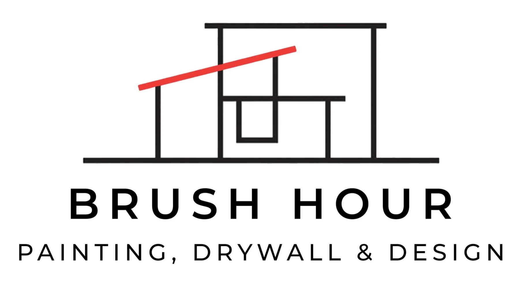 Logo for Brush Hour featuring a stylized house outline with a red sloped roof and the text "Brush Hour Painting, Drywall & Design" underneath.