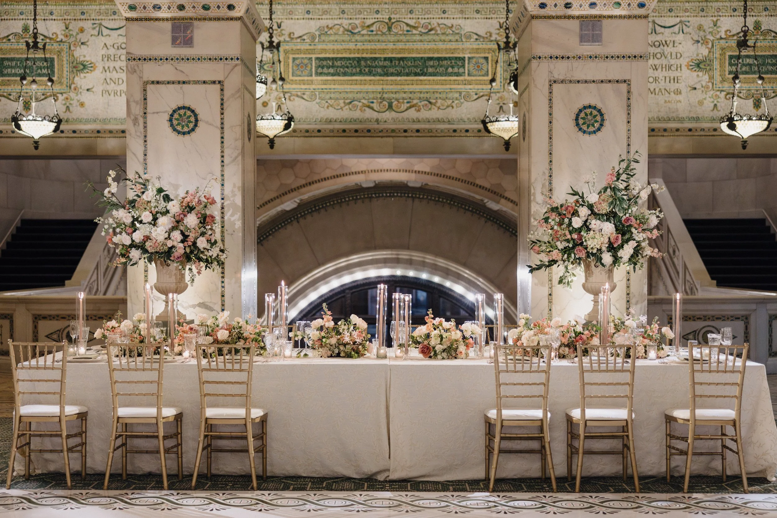 Chicago Cultural Center wedding reception decor in the Preston Bradley Hall