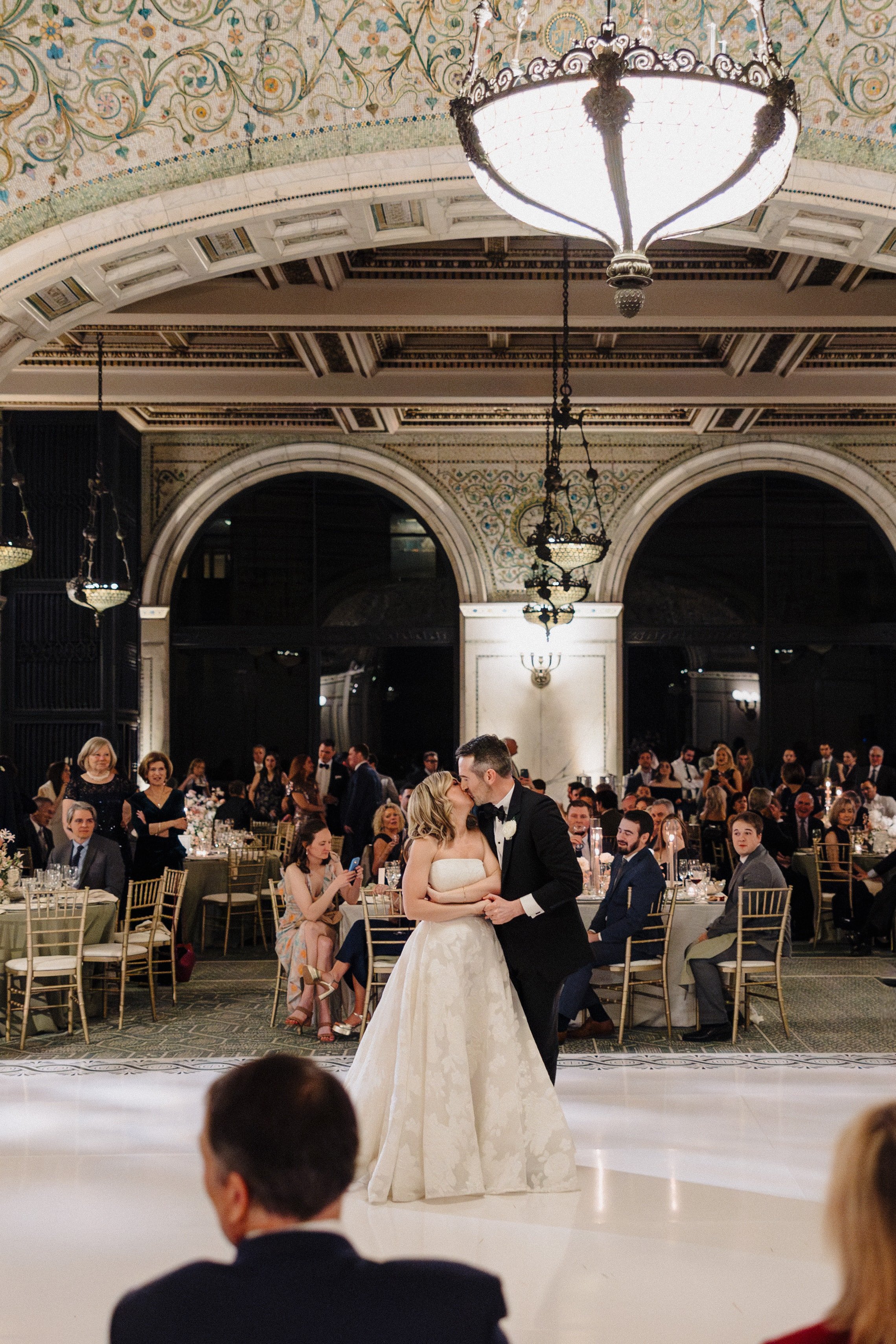 Wedding couple dance at wedding reception at the Chicago Cultural Center
