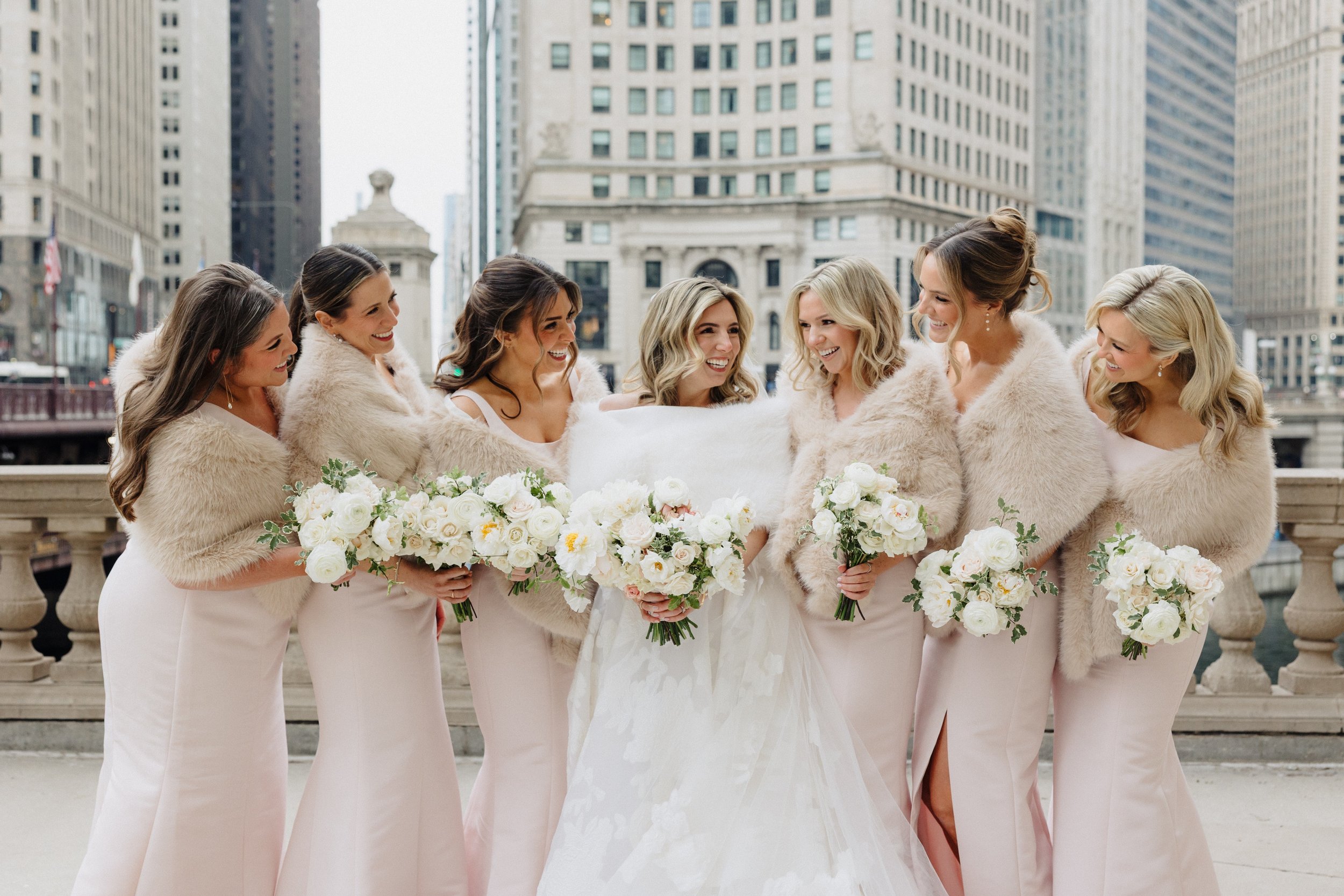 Bridal party at Wrigley Building Chicago