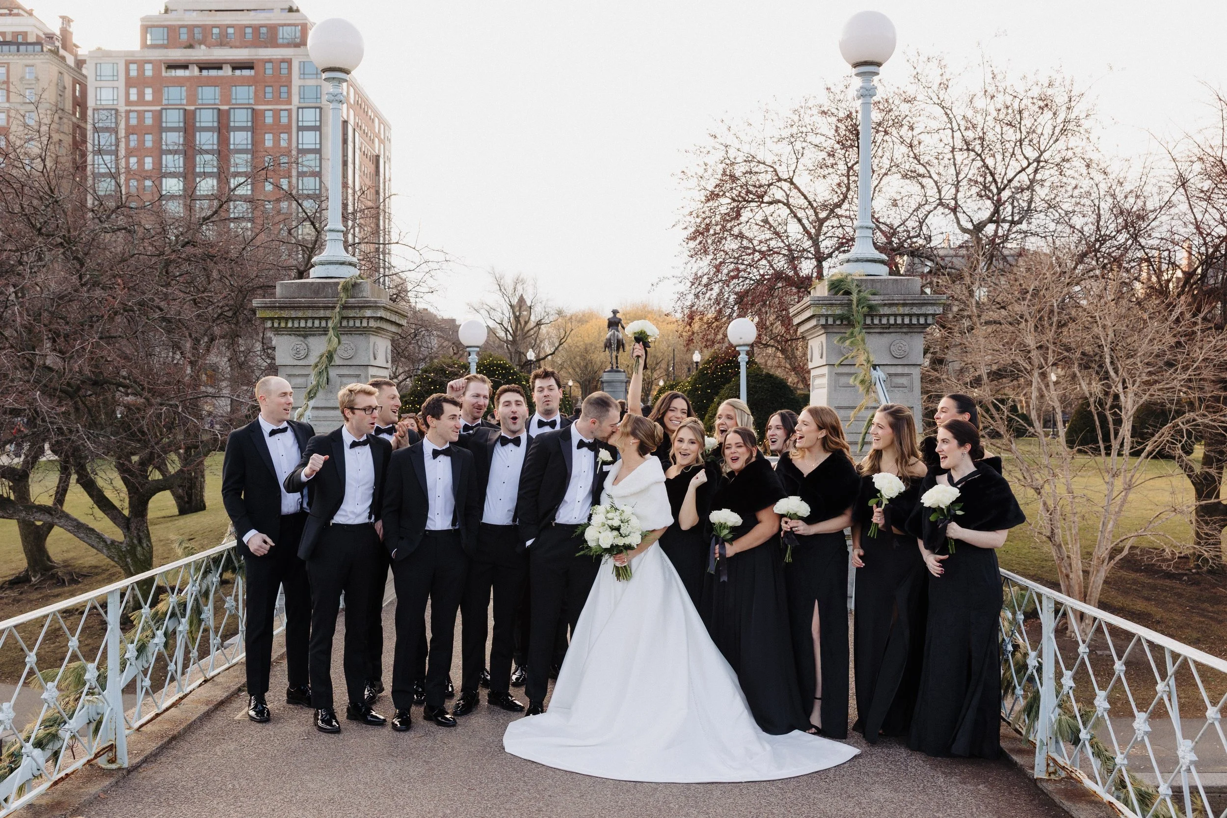 Bridal party on the bridge at the Boston Public Garden in Back Bay