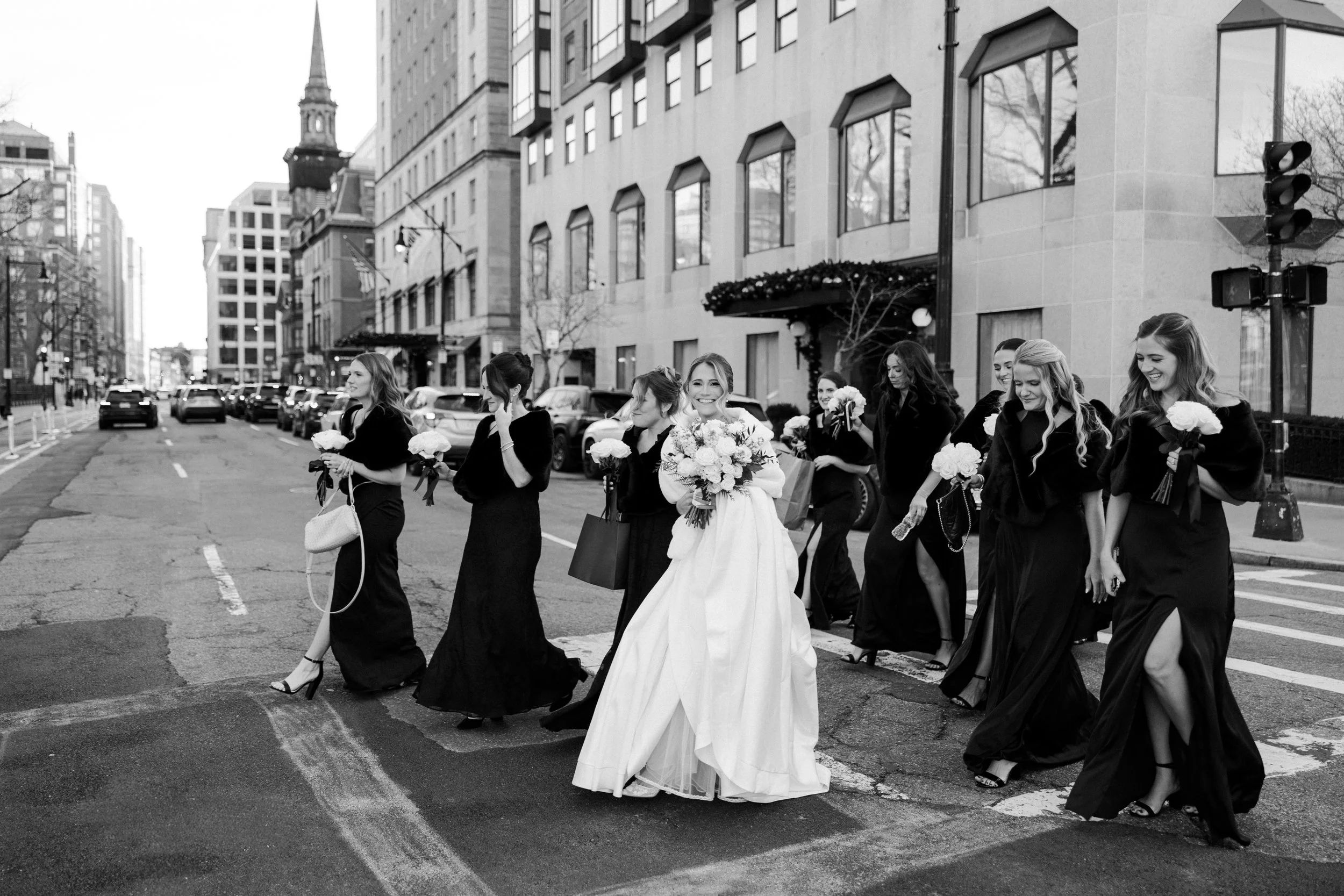 Bridal party walks in Back Bay for The Newbury Boston wedding