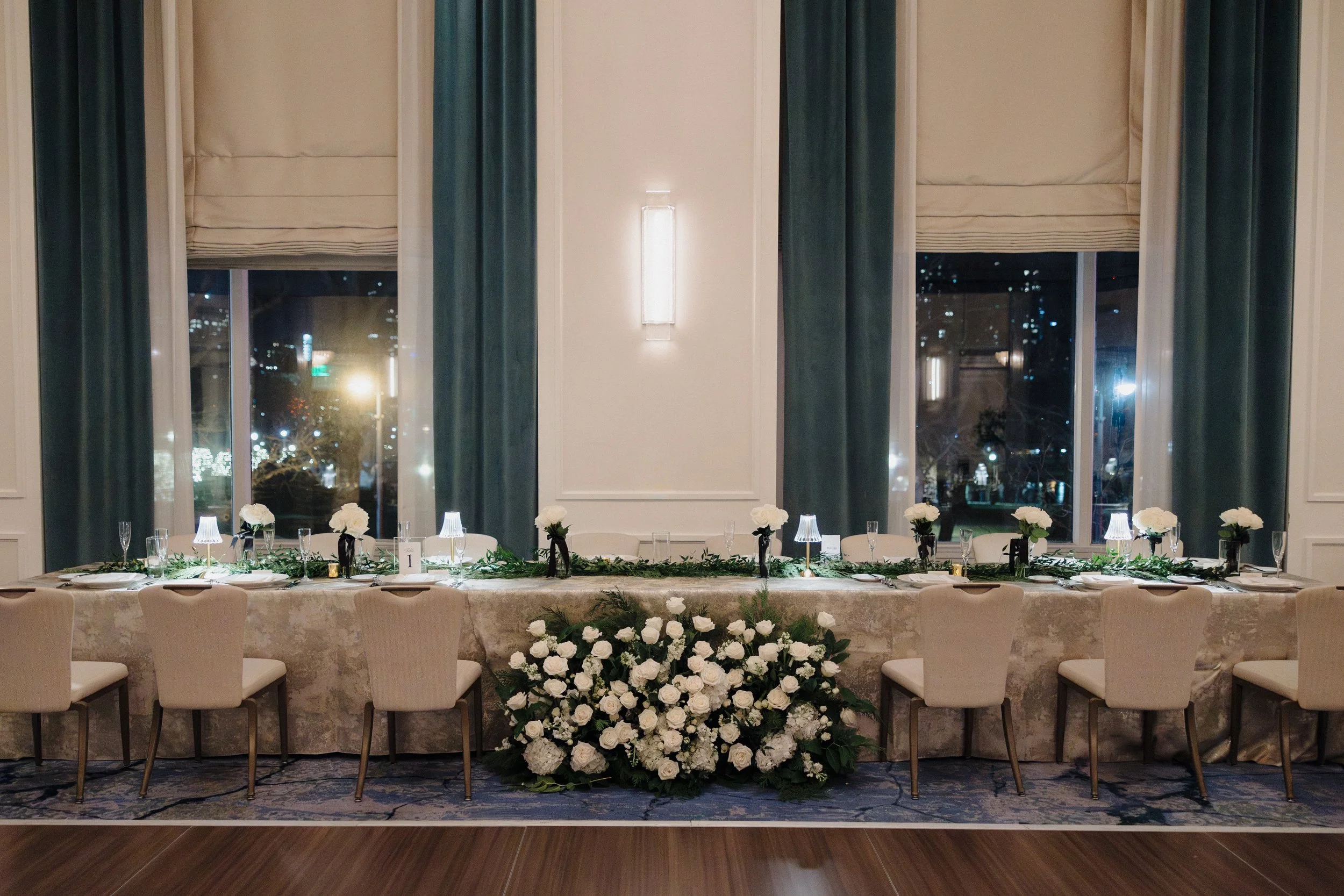 Elegant wedding reception decor at The Newbury Boston ballroom