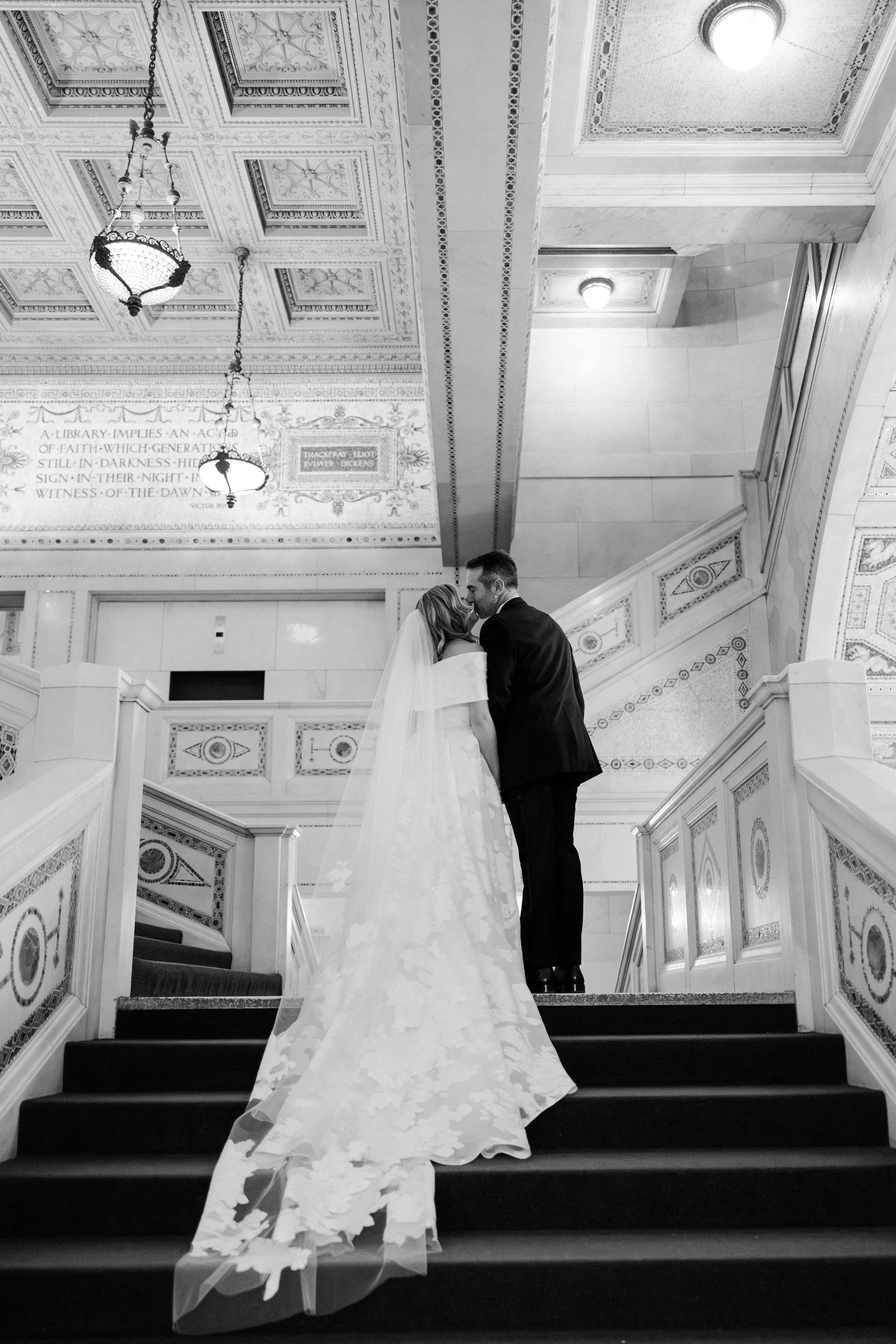 Black and white wedding image of a couple at Chicago Cultural Center