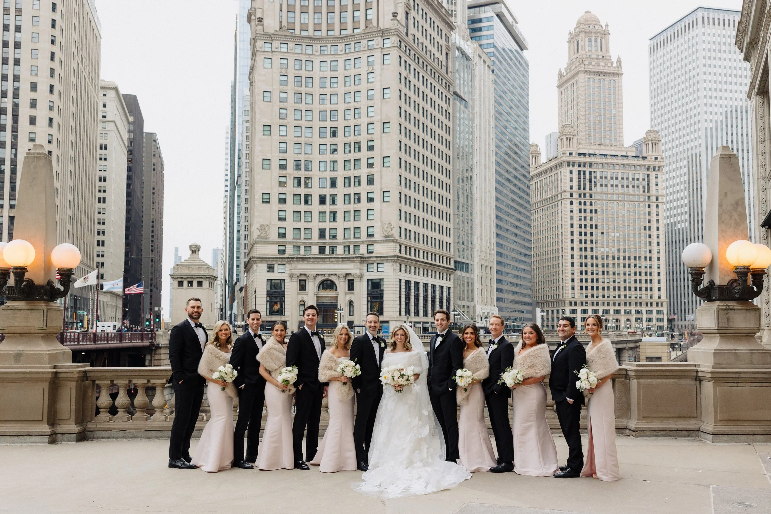 Bridal party wedding photos at Chicago's Wrigley Building