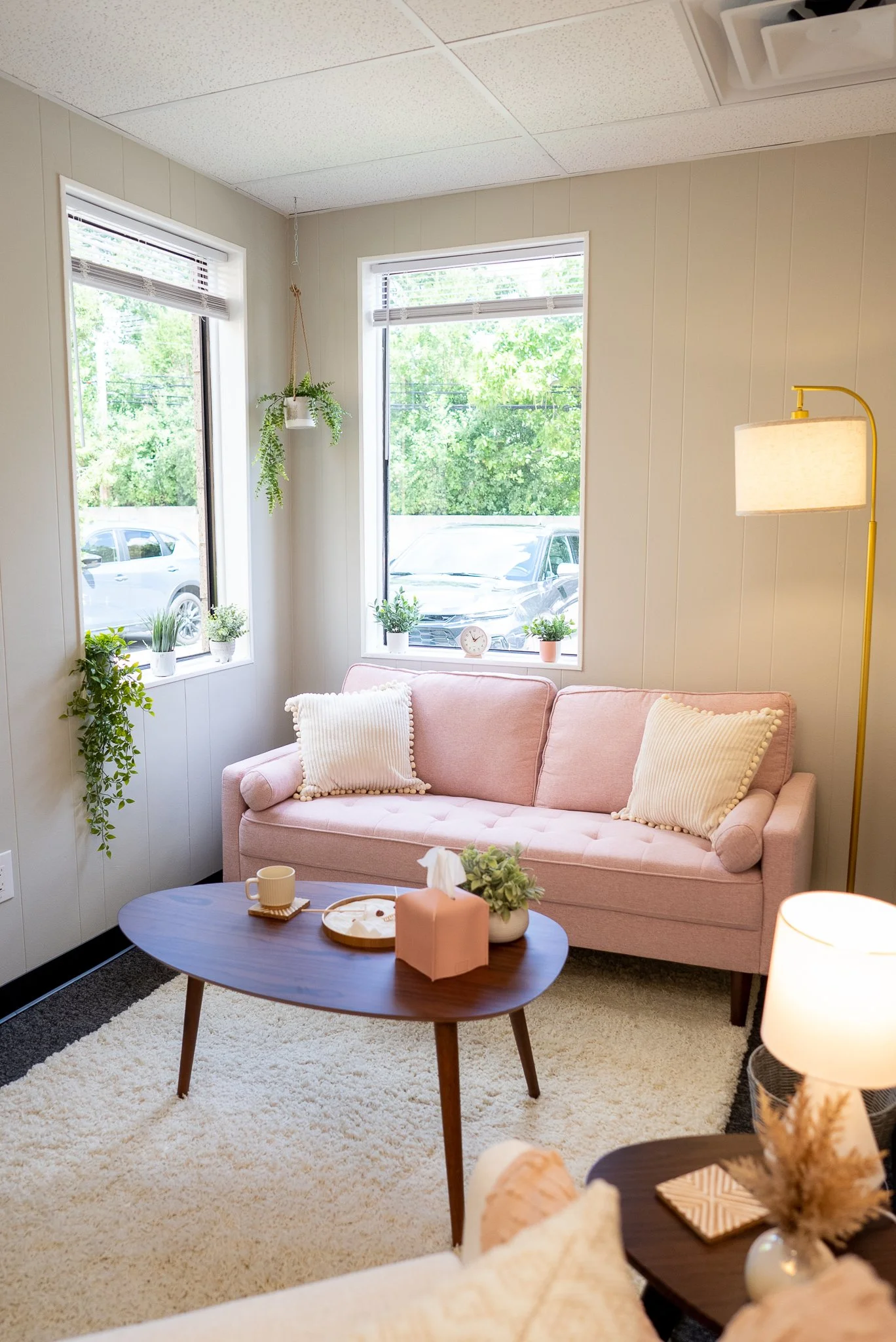 A cozy living room with two large windows adorned with blinds, a pink couch with textured throw pillows, various potted plants on the window sills, a wooden coffee table with a tray, mugs, and a small plant. EFT Couples Therapy in Royal Oak, Michigan