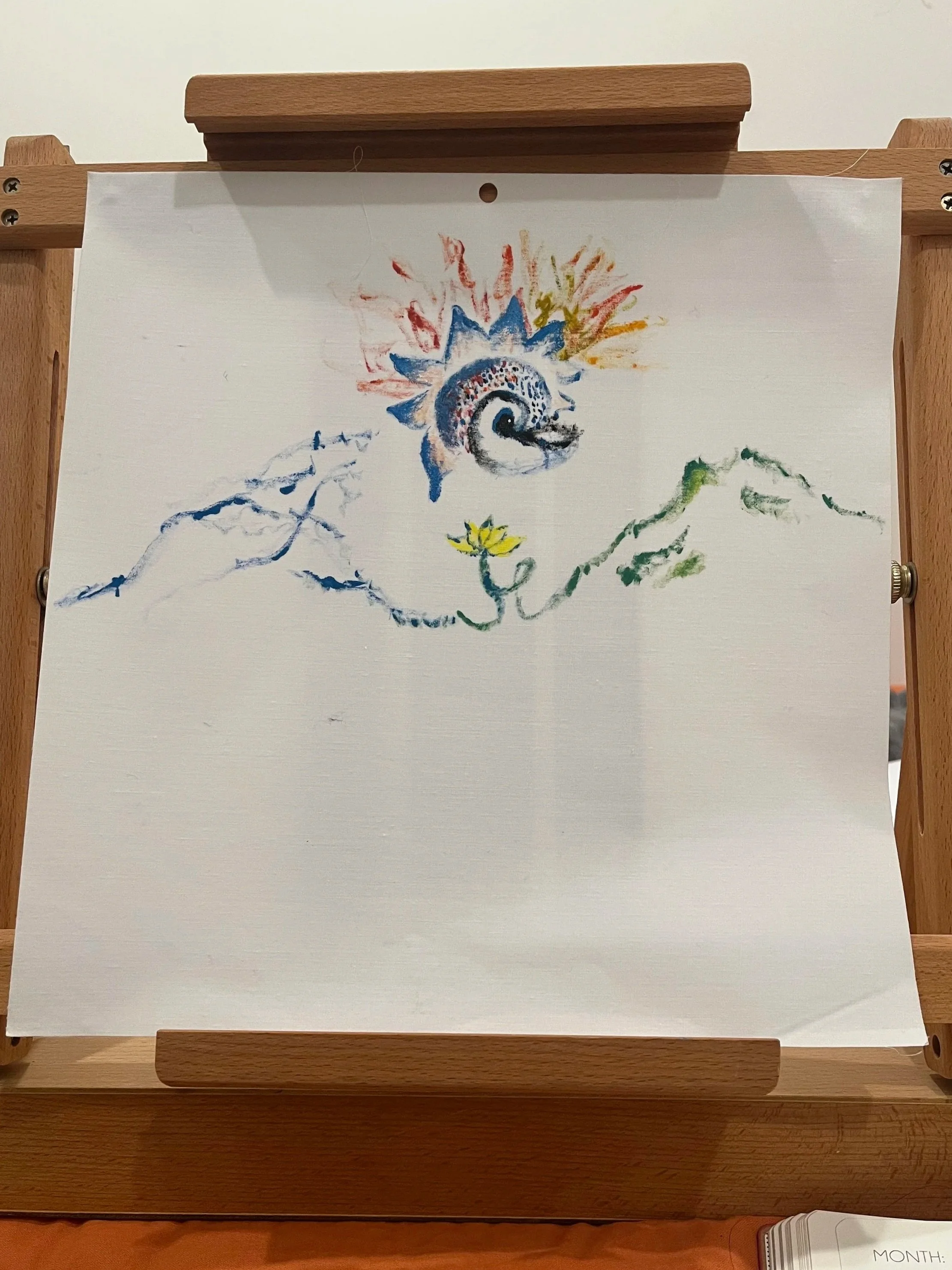 I used acrylic paint on canvas-textured sticker paper for this depiction of the sea and the Earth joined together at a yellow flower, over which a multicolored seashell obscures a blue-orange flame.