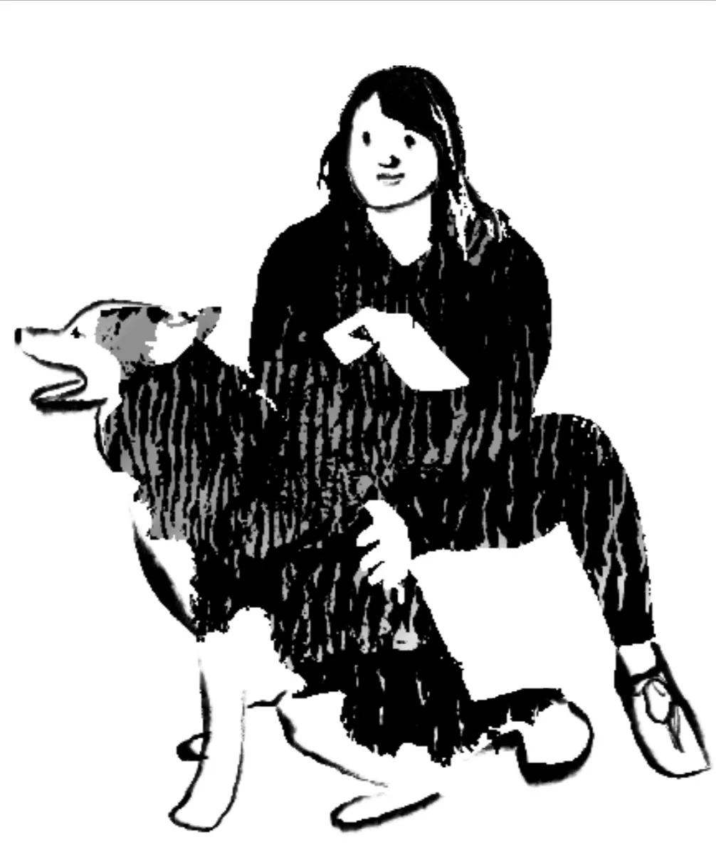 This minimalistic digital drawing of a girl and her dog was created using Adobe Fresco with an ink-roller effect.