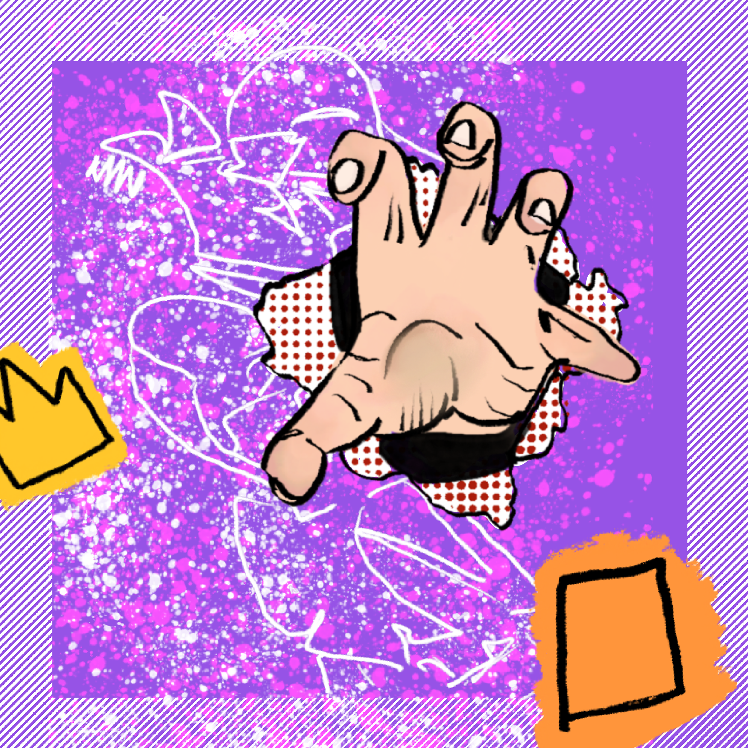 A hand emerges from a hole in the wall filled with paint splatter in this untitled graphic. I used techniques common in comic books with tools on Adobe Fresco.