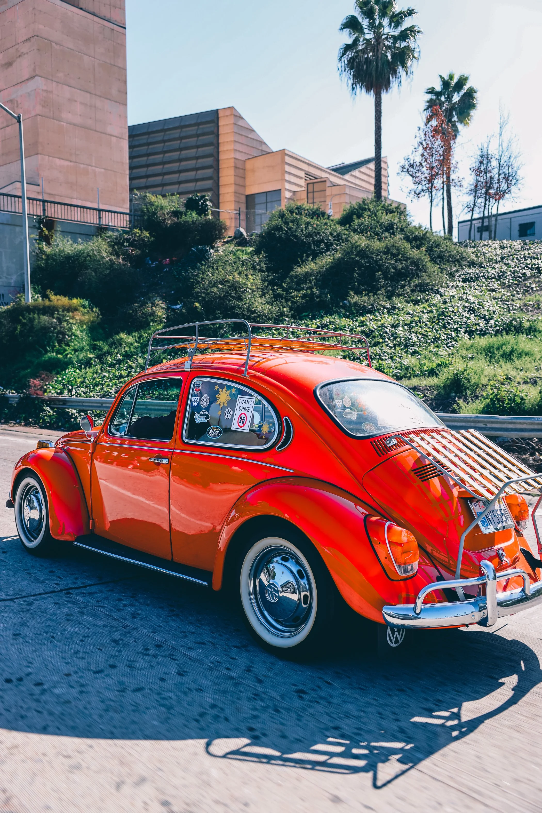 A red vintage Volkswagen Beetle car parked on city street with palm trees and modern buildings in the background.