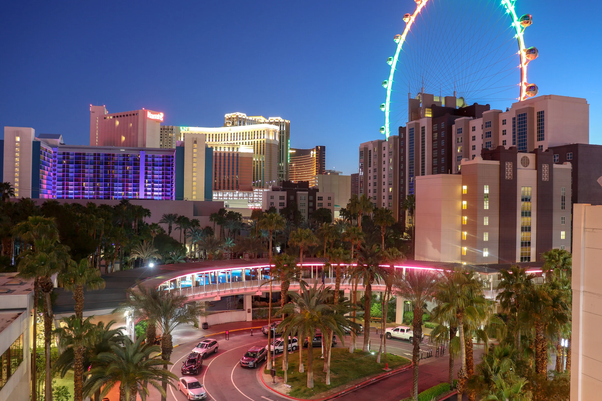 Night view of a city skyline with illuminated buildings, a colorful Ferris wheel, palm trees, and a parking lot with cars.