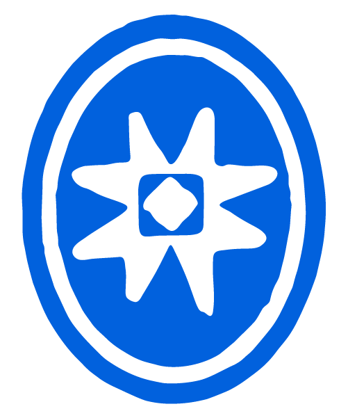 Stylized blue and black emblem with an oval border, featuring a starburst design around a central square.