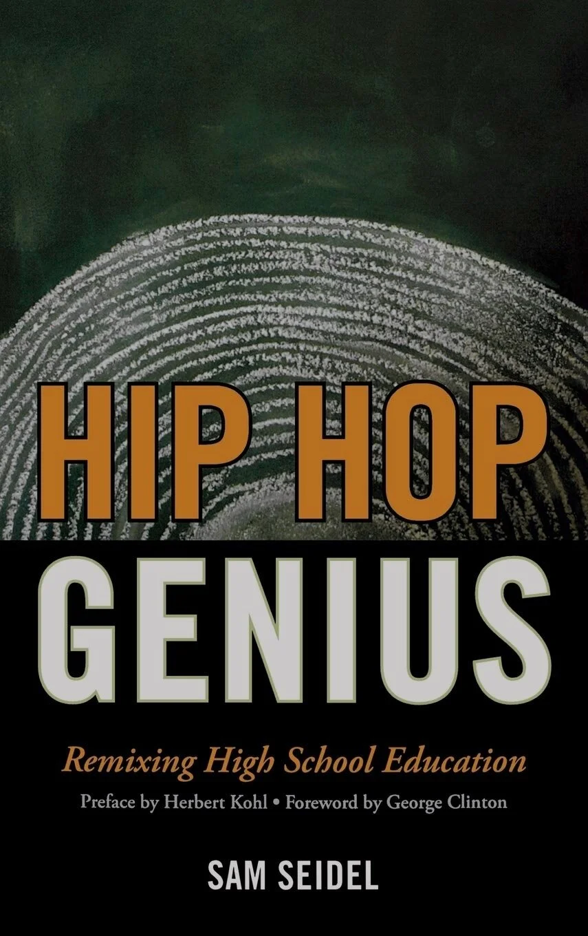 Book cover titled 'Hip Hop Genius: Remixing High School Education' by Sam Seidel, with a fingerprint pattern in the background.