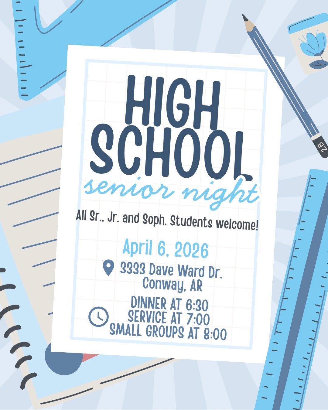 high school seniors! tonight is senior night! come check what conwayBCM is all about!!!

3333 Dave Ward, Conway AR
dinner @ 6:30
service @ 7:00
small groups @ 8:00
