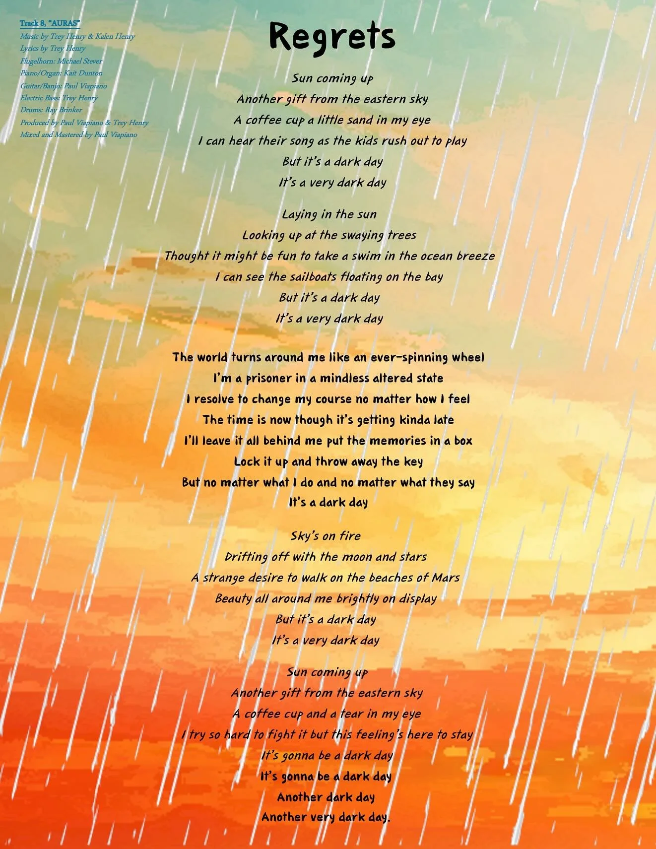 Today&rsquo;s spotlight from &ldquo;Auras&rdquo; : &ldquo;Regrets&rdquo; 

Check out the amazing musicians who brought this song to life, the awesome lyrics written by @treyhenrymusic , and swipe for a sneak-peek into the recording session behind thi
