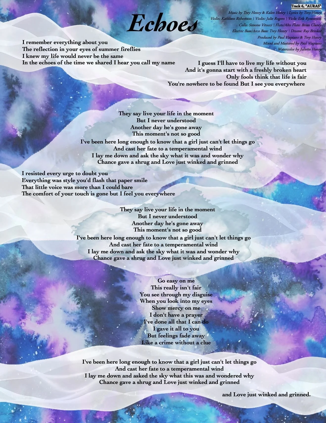 Today&rsquo;s spotlight from &ldquo;Auras&rdquo; : &ldquo;Echoes&rdquo; 
Check out the amazing musicians who brought this song to life, the awesome lyrics written by @treyhenrymusic , and hop on over to my Youtube Channel for a dramatic, mini music v