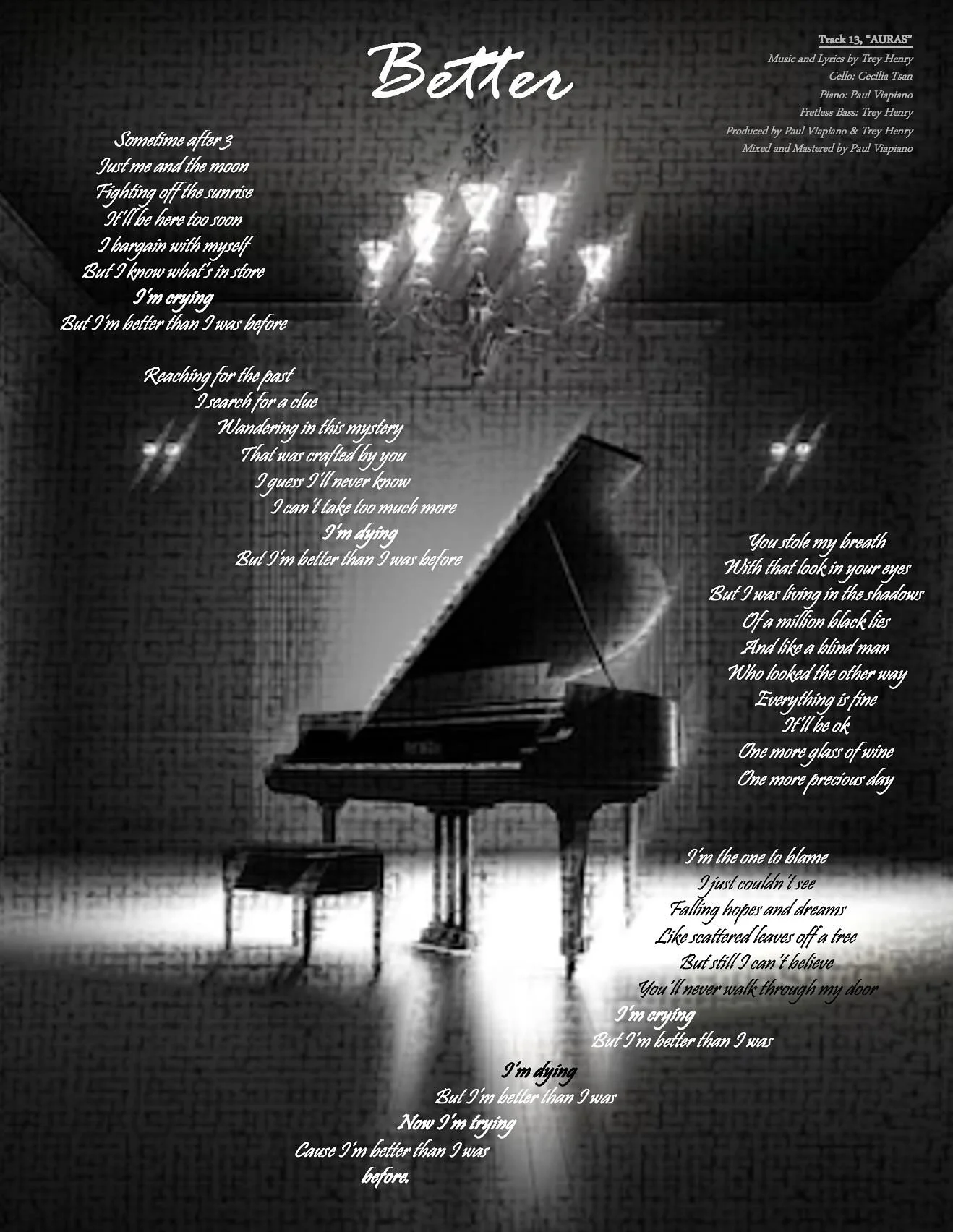 Today&rsquo;s spotlight from &ldquo;Auras&rdquo; : &ldquo;Better&rdquo; 
Check out the amazing musicians who brought this song to life, the awesome lyrics written by @treyhenrymusic , and hop on over to my Youtube Channel for a somber new lyric video