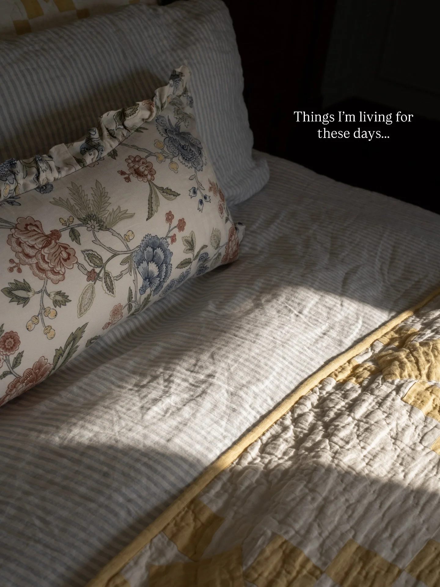 Things I&rsquo;m living for these days: sunlight that hits just right, open windows, a made bed, home cooked meals, a clean kitchen, soft jazz playing softly in the kitchen, prayer time around the table, lamp glow at 6pm.

The older I get, the more I