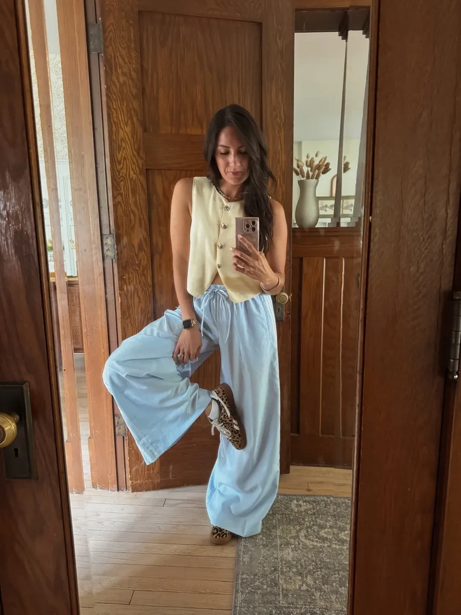 Elevated Wide Leg Track Pants Outfit Ideas: Butter Yellow Vest Top &amp; Statement Shoes for a Chic Casual Look