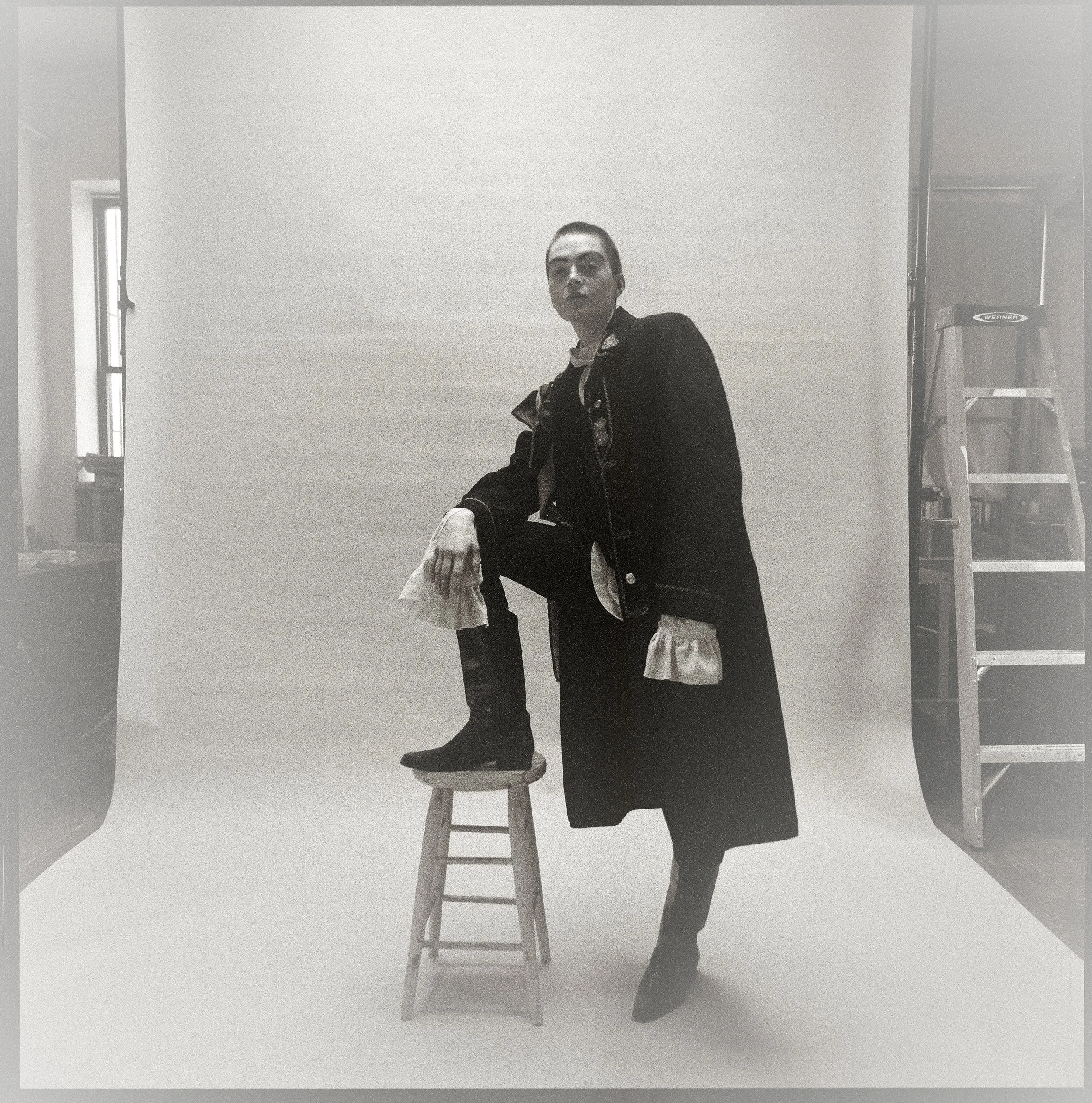 Punk runway model Shane Stevens poses for film portraits for a portfolio test in studio styled in vintage Jil Sander photographed in New York City by Sam Bates and Andrew White of Indie Studios, photographer couple in New York City.