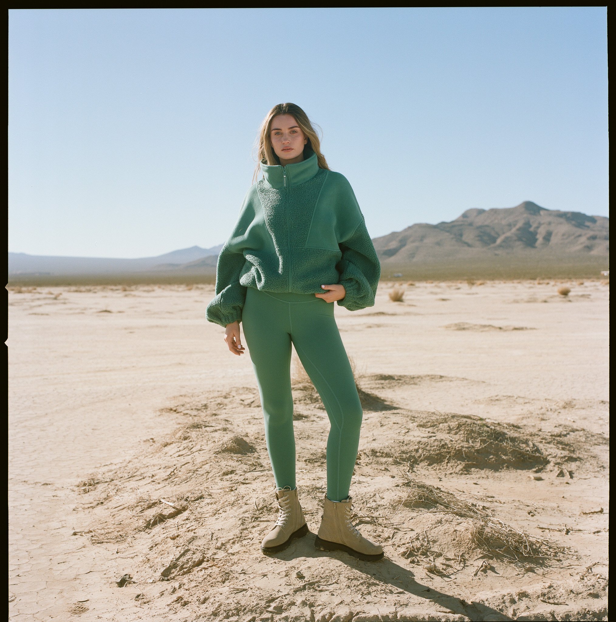 models pose on location, in the desert of Nevada outside of Las Vegas, for 4th Arq's spring summer 2026 fashion campaign, photographed on film by Andrew and Sam of Indie Studios. Lifestyle campaign shot in the graphic, timeless style of Jil Sander