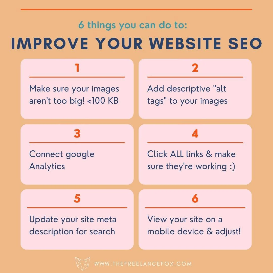 Here's some good news for ya: SEO (search engine optimization) actually isn't as complicated as you might think!⁠
⁠😎⁠
If you've been putting off making any type of SEO updates to your website, the time is now. Pick just 1-2 things from this easy lis