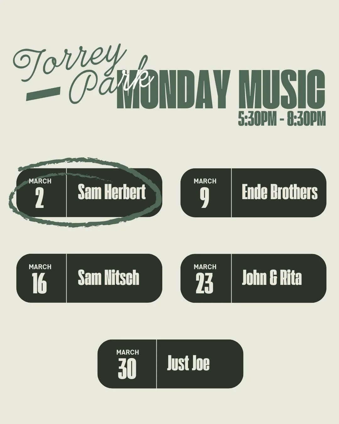 March is bringing the music 🎶

Join us tonight as @samherbertmusic kicks off a full month of Monday Music at Torrey Park! Grab your friends and make Mondays your new favorite night 🎤✨